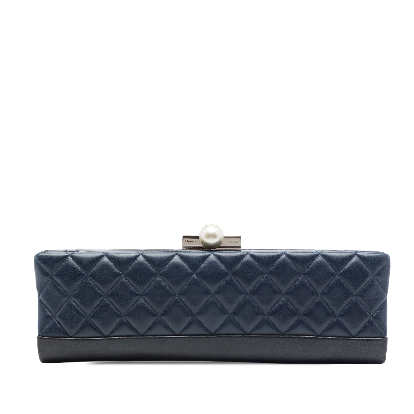 Chanel CC Pearl Evening Baguette Clutch in Blue Quilted Lambskin: Chanel CC Pearl Evening Baguette Clutch in Blue Quilted Lambskin Elegant and compact, this Chanel evening baguette clutch is crafted from quilted lambskin leather and finished with a top clasp closure
