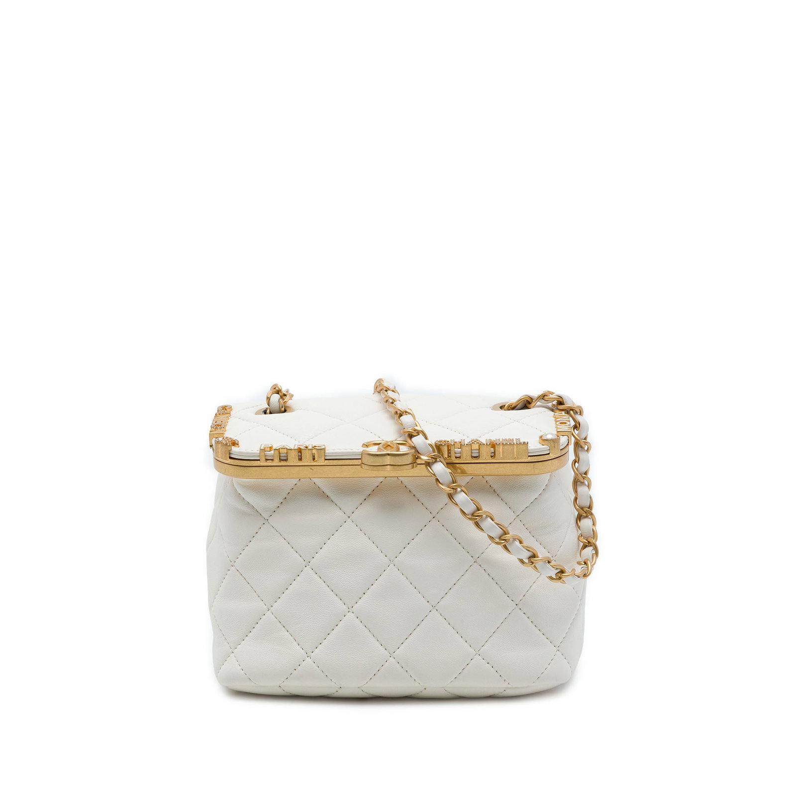 Chanel Paris Monaco Mini Vanity Crossbody in White Quilted Lambskin: Chanel Paris Monaco Mini Vanity Crossbody in White Quilted Lambskin Compact and structured, this Chanel crossbody bag features quilted lambskin leather, a leather-woven chain link strap with a shoulde