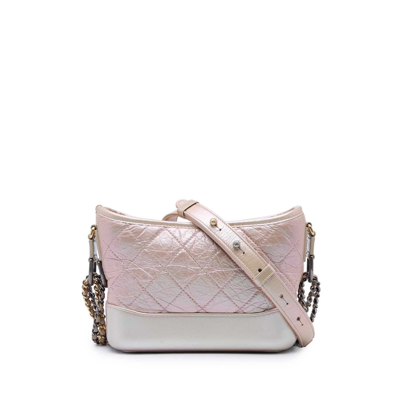 Chanel Gabrielle Small Hobo Bag Iridescent Aged Calfskin Pink: Chanel Gabrielle Small Hobo Bag Iridescent Aged Calfskin Pink A Chanel Gabrielle hobo bag crafted in iridescent quilted aged calfskin leather. This small bag features woven leather chain straps, a top