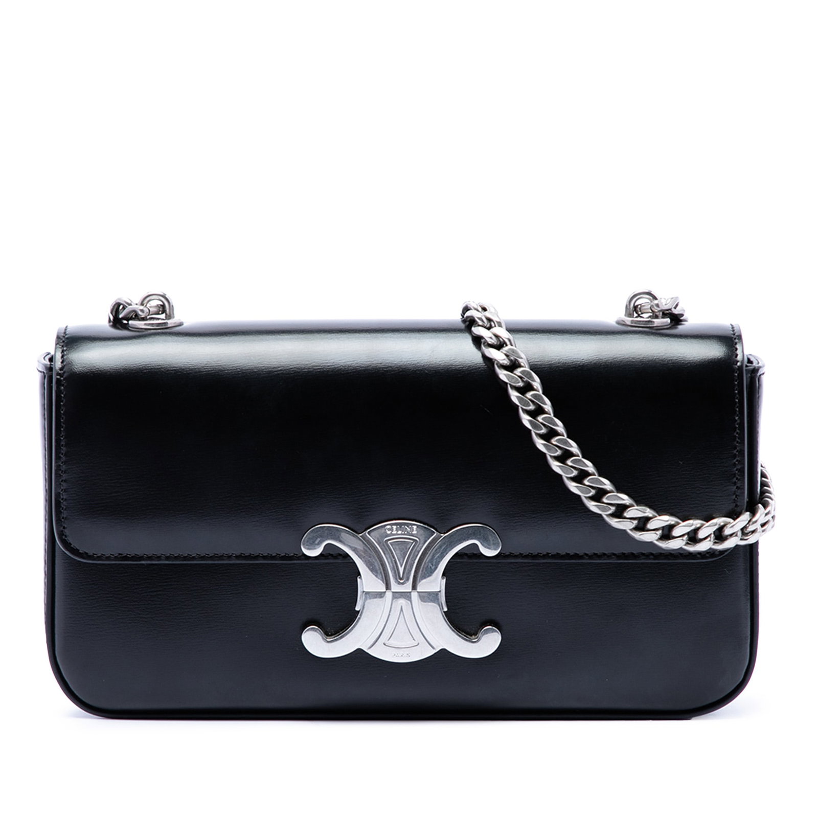 Celine Triomphe Claude Shoulder Bag in Black Shiny Calfskin: Celine Triomphe Claude Shoulder Bag in Black Shiny Calfskin A Celine Triomphe Claude shoulder bag crafted in shiny calfskin leather with a structured silhouette. It features a flat leather shoulder st