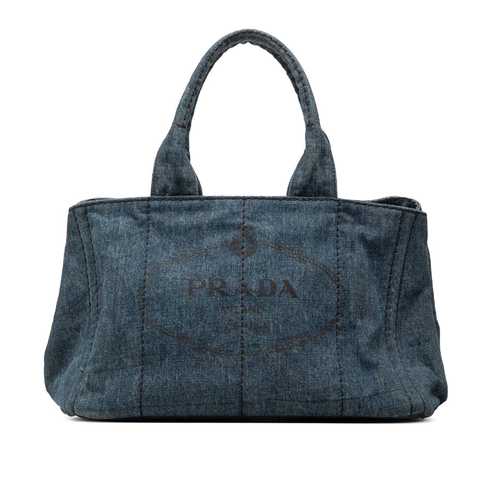Prada Canapa Logo Tote Denim Satchel Bag Blue: Prada Canapa Logo Tote Denim Satchel Bag Blue Prada Denim Canapa Logo Tote in blue fabric with rolled handles, an open top, and interior zip and slip pockets. This satchel shows condition issues inclu