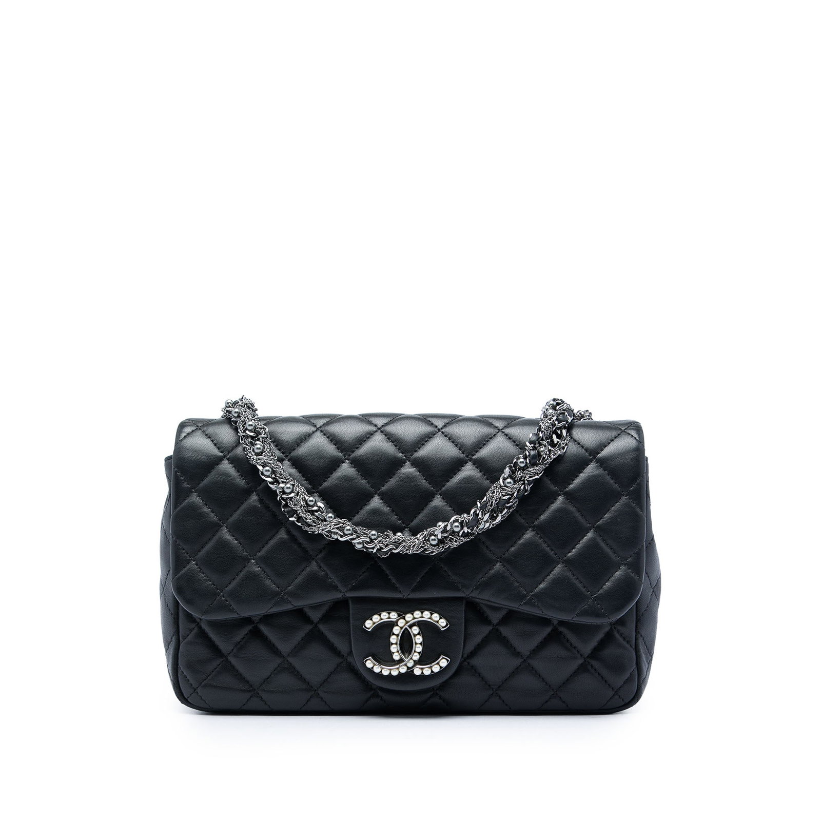 Chanel Westminster Pearl Medium Quilted Lambskin Flap Bag: Chanel Westminster Pearl Medium Quilted Lambskin Flap Bag A Chanel Westminster flap bag crafted in black quilted lambskin leather with pearl and chain straps. The design features a front flap with mag