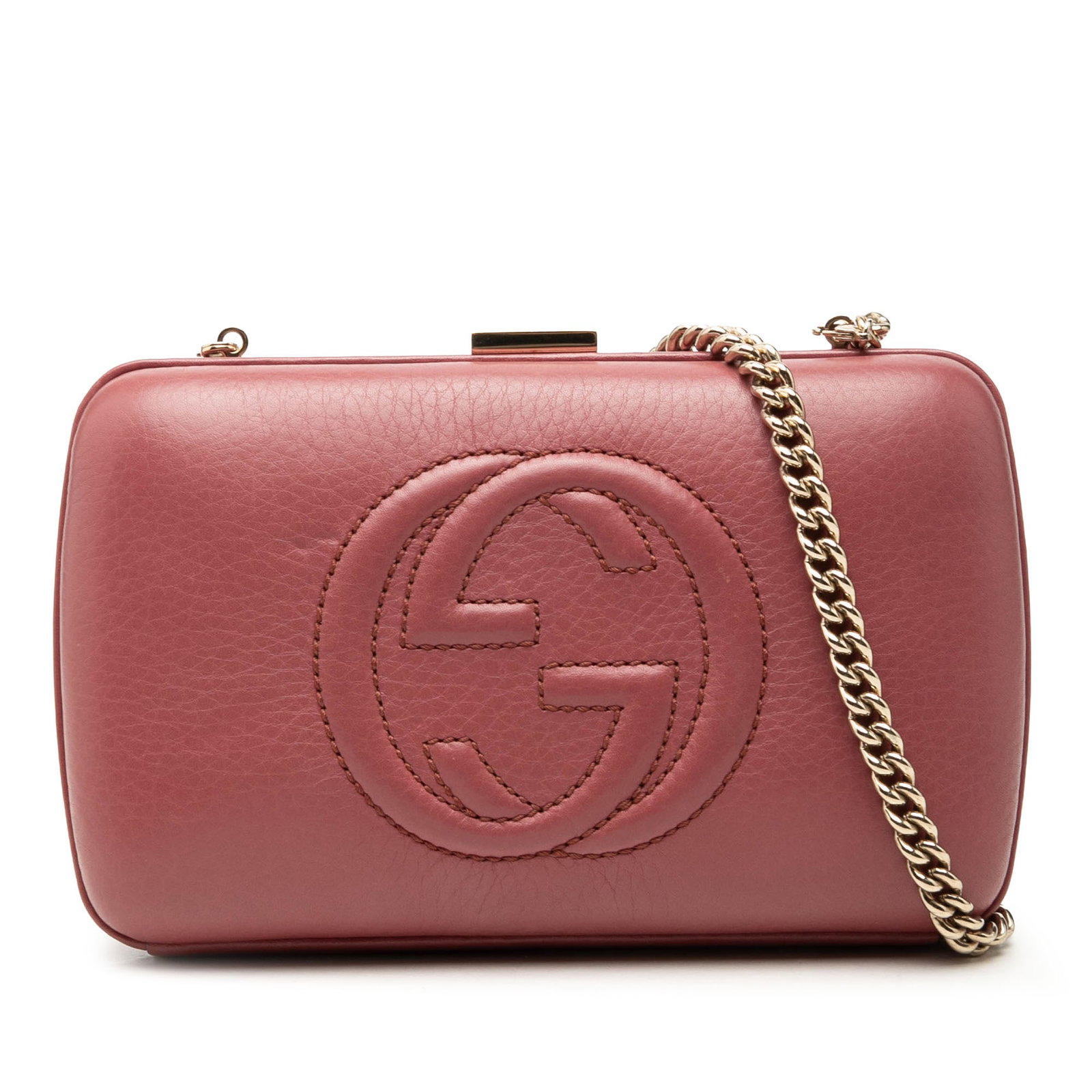 Gucci Soho Clutch on Chain Pink Calfskin Leather Bag: Gucci Soho Clutch on Chain Pink Calfskin Leather Bag Gucci Soho clutch on chain in pink calfskin leather with a structured silhouette and chain link strap. The design features a top kiss lock closure 
