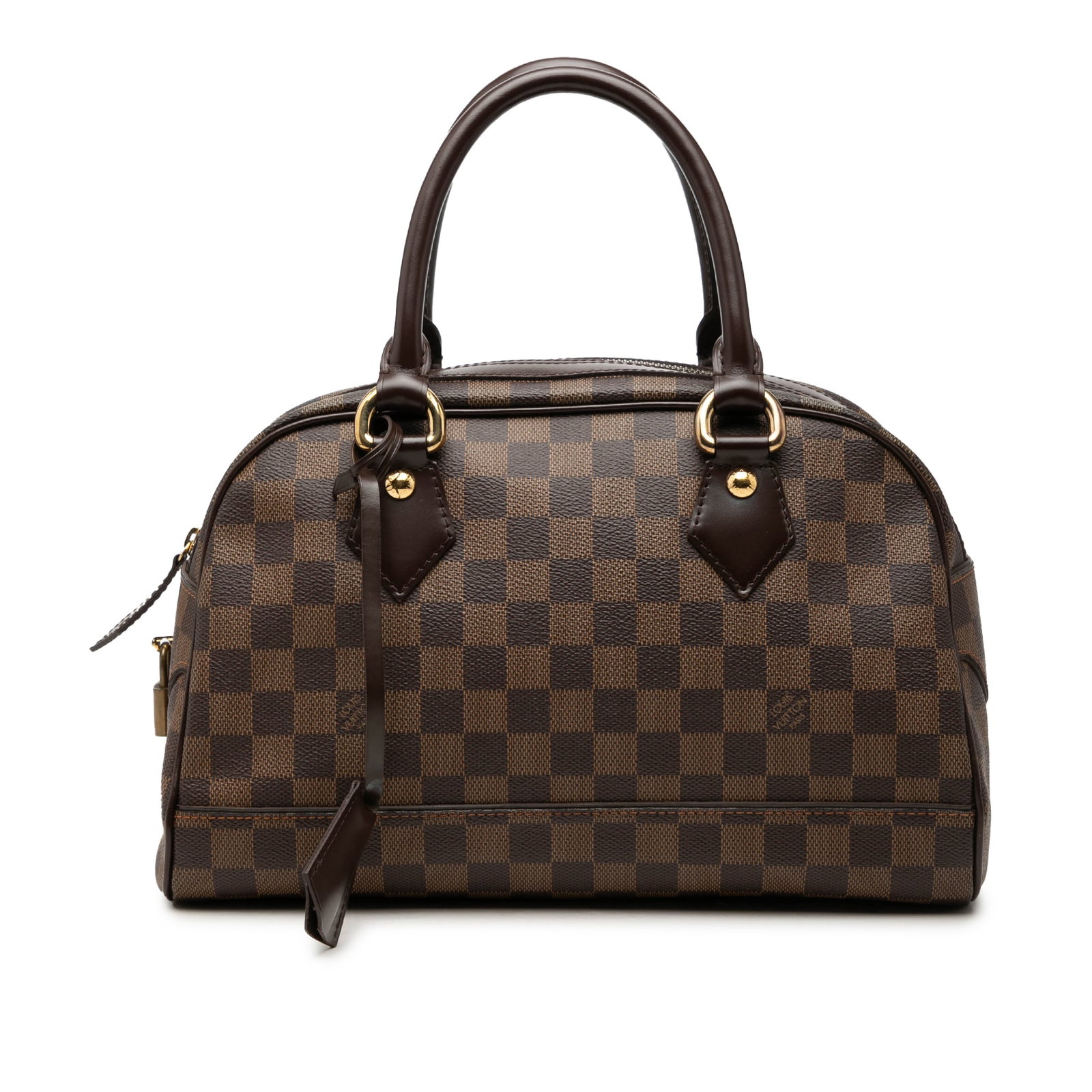 Louis Vuitton Duomo Brown Damier Ebene Handbag: Louis Vuitton Duomo Brown Damier Ebene Handbag Louis Vuitton Damier Ebene Duomo handbag in brown damier canvas with rolled leather handles, a clochette, top zip closure, and interior slip pockets. Mad