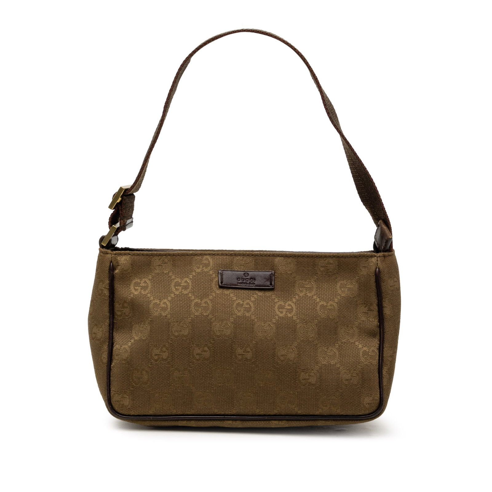 Gucci GG Canvas Brown Handbag with Leather Trim: Gucci GG Canvas Brown Handbag with Leather Trim Gucci GG Canvas handbag crafted with a canvas body and leather trim. It features a flat leather strap, top zip closure, and an interior slip pocket. Mad