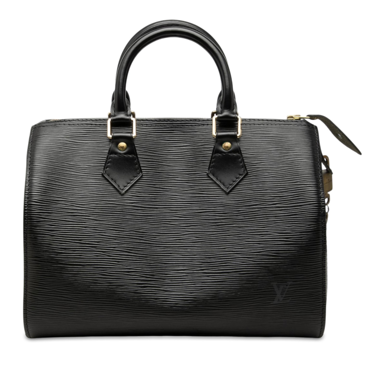 Black Epi Leather Handbag Louis Vuitton Speedy 25: Black Epi Leather Handbag Louis Vuitton Speedy 25 Louis Vuitton Epi Speedy 25 handbag crafted in black Epi leather with rolled leather handles, a top zip closure, an exterior side slip pocket, and an 