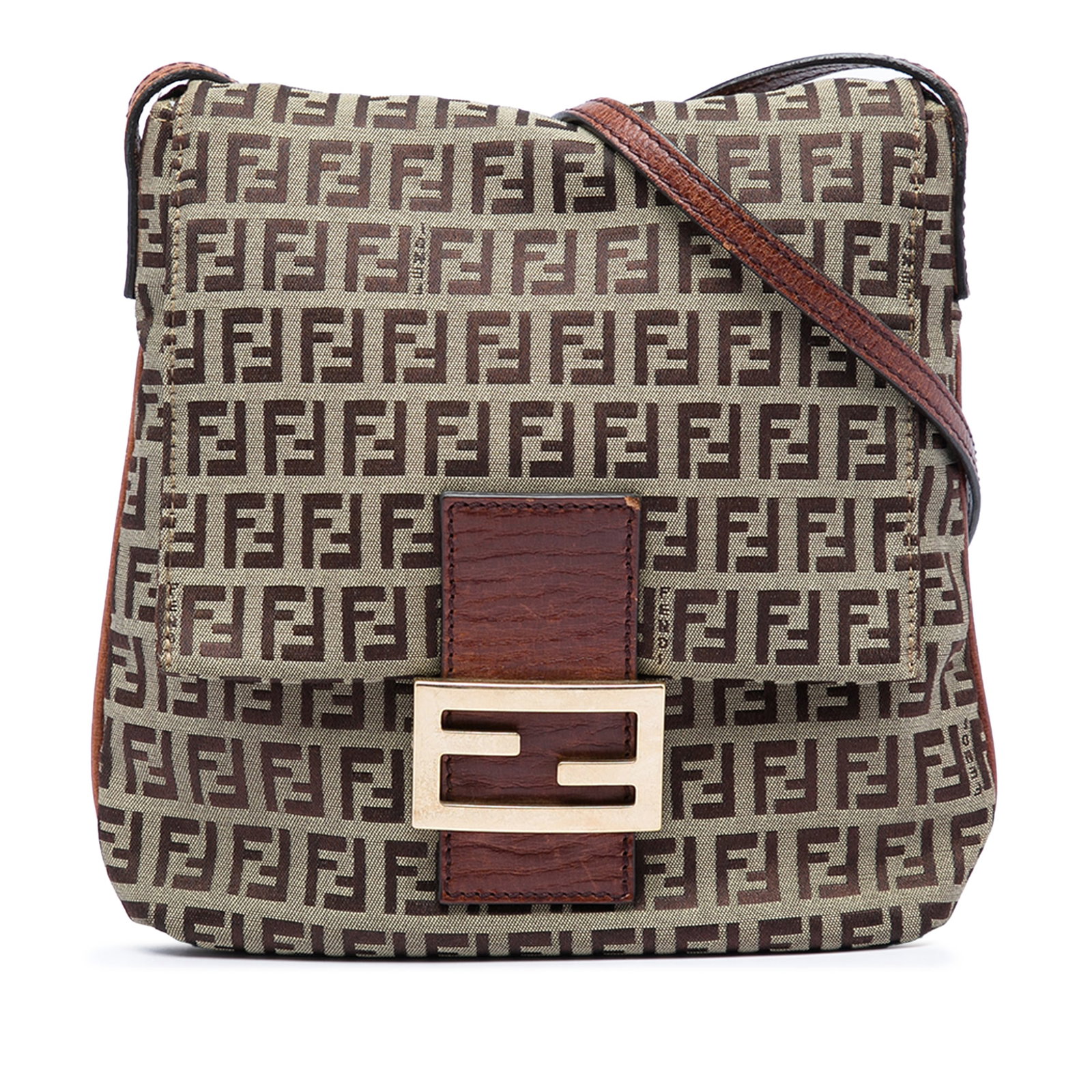 Fendi Zucchino Brown Canvas Crossbody Bag: Fendi Zucchino Brown Canvas Crossbody Bag Fendi Zucchino canvas crossbody bag with a front flap and magnetic closure. It features an adjustable flat leather shoulder strap and an interior slip pocket.