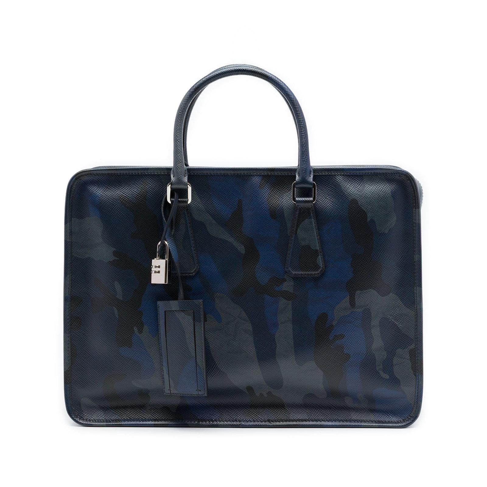 Prada Saffiano Camouflage Print Leather Briefcase Blue: Prada Saffiano Camouflage Print Leather Briefcase Blue Prada briefcase in blue printed camouflage Saffiano leather with rolled handles and a top zip closure. The interior includes zip and slip pockets
