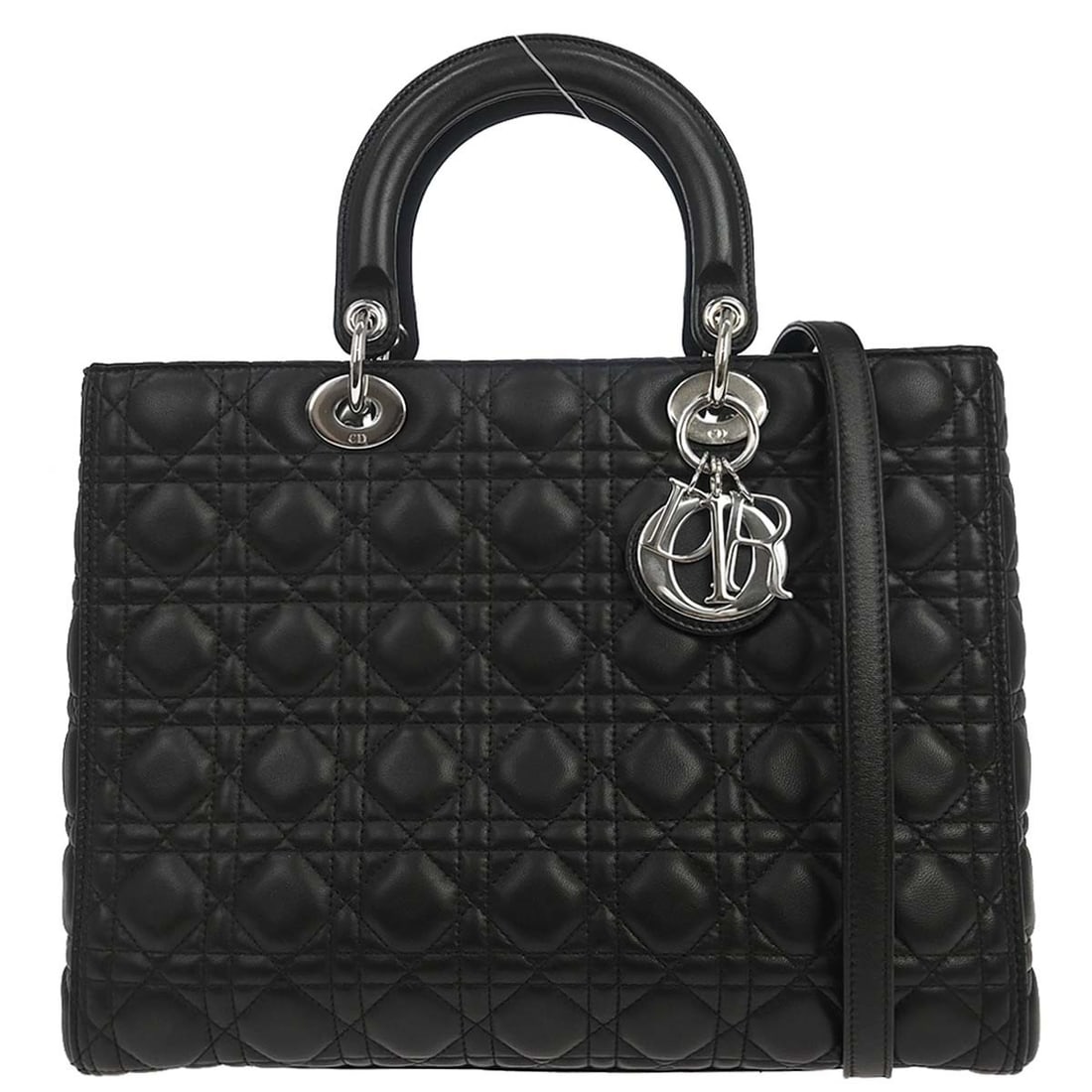 Dior Lady Dior Cannage Large Black Lambskin Satchel with Shoulder Strap: Dior Lady Dior Cannage Large Black Lambskin Satchel with Shoulder Strap Christian Dior Lady Dior Cannage 2-way handbag in black lambskin with quilted detailing and a structured satchel silhouette. Des