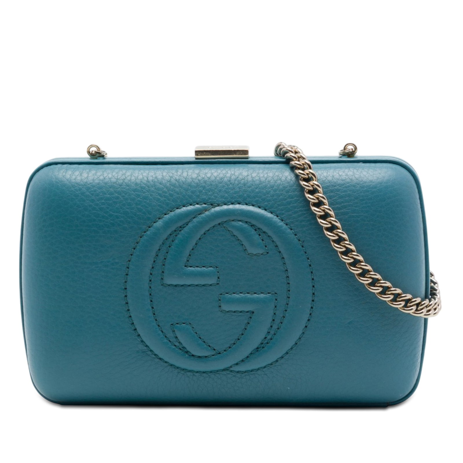 Gucci Soho Chain Clutch Blue Leather Kiss Lock Bag: Gucci Soho Chain Clutch Blue Leather Kiss Lock Bag Gucci Calfskin Soho Clutch on Chain in blue leather with a chain link strap and top kiss lock closure. The interior includes slip pockets. Condition 