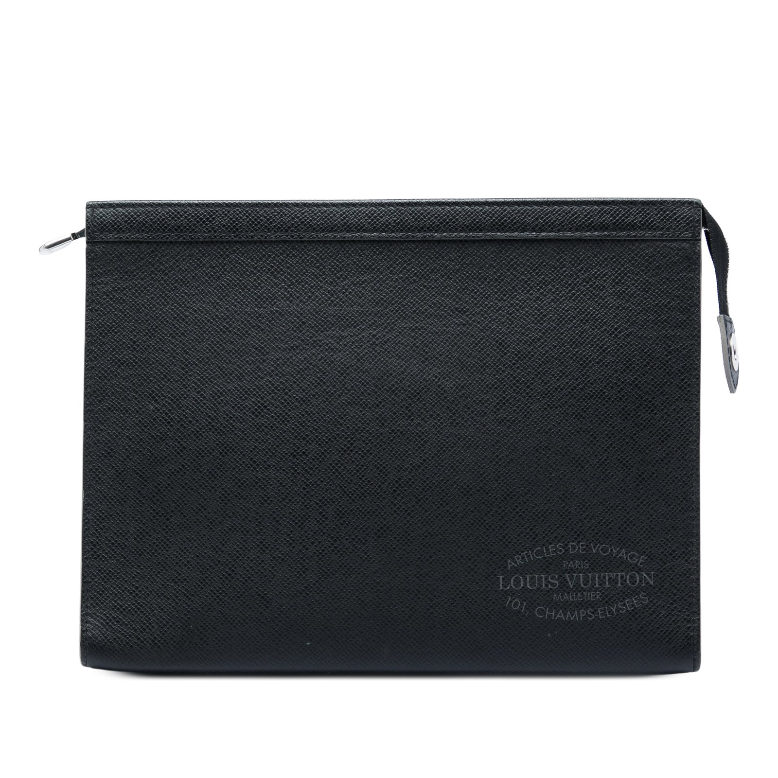 Louis Vuitton Pochette Voyage MM Taiga Leather Clutch Black: Louis Vuitton Pochette Voyage MM Taiga Leather Clutch Black A Louis Vuitton Pochette Voyage MM from the Taiga Articles de Voyage line, crafted in black taiga leather. This zip-top bag features interio