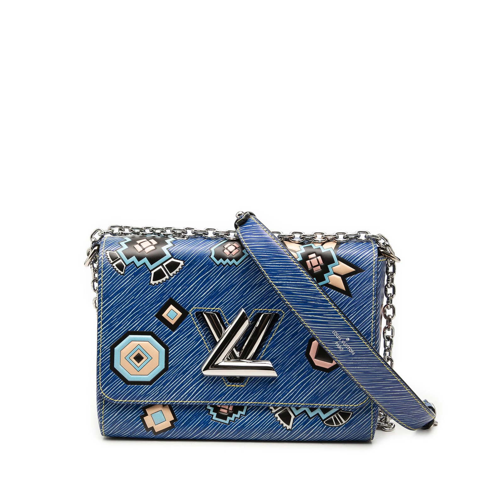 Louis Vuitton Twist MM Blue Epi Leather Shoulder Bag: Louis Vuitton Twist MM Blue Epi Leather Shoulder Bag Louis Vuitton Twist MM shoulder bag in blue Epi leather with a chain link strap and leather guard. The bag features a front flap with LV twist lock
