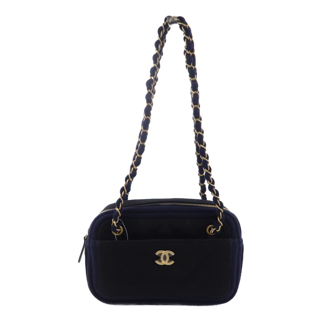 CHANEL CC Camera Shoulder Bag Wool Navy Black GHW: CHANEL CC Camera Shoulder Bag Wool Navy Black GHW CHANEL camera shoulder bag in wool with a navy and black colorway and signature CC styling. This women's chain shoulder bag features multiple open poc