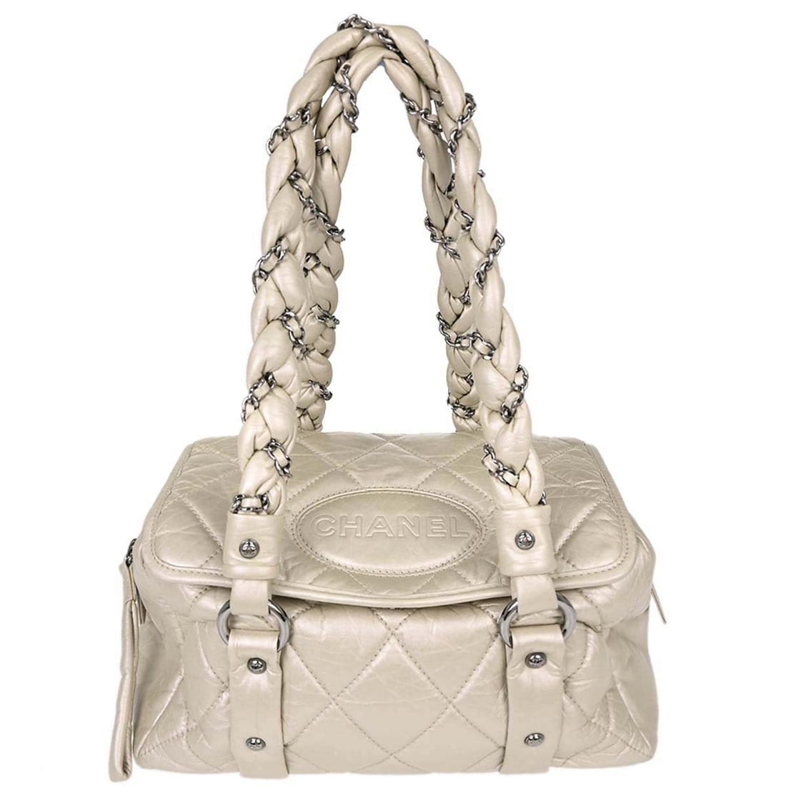 CHANEL Lady Braid calfskin tote handbag in off white: CHANEL Lady Braid calfskin tote handbag in off white Chanel Lady Braid tote handbag in off-white calfskin leather. This medium tote features a structured silhouette with an interior zipper pocket and 