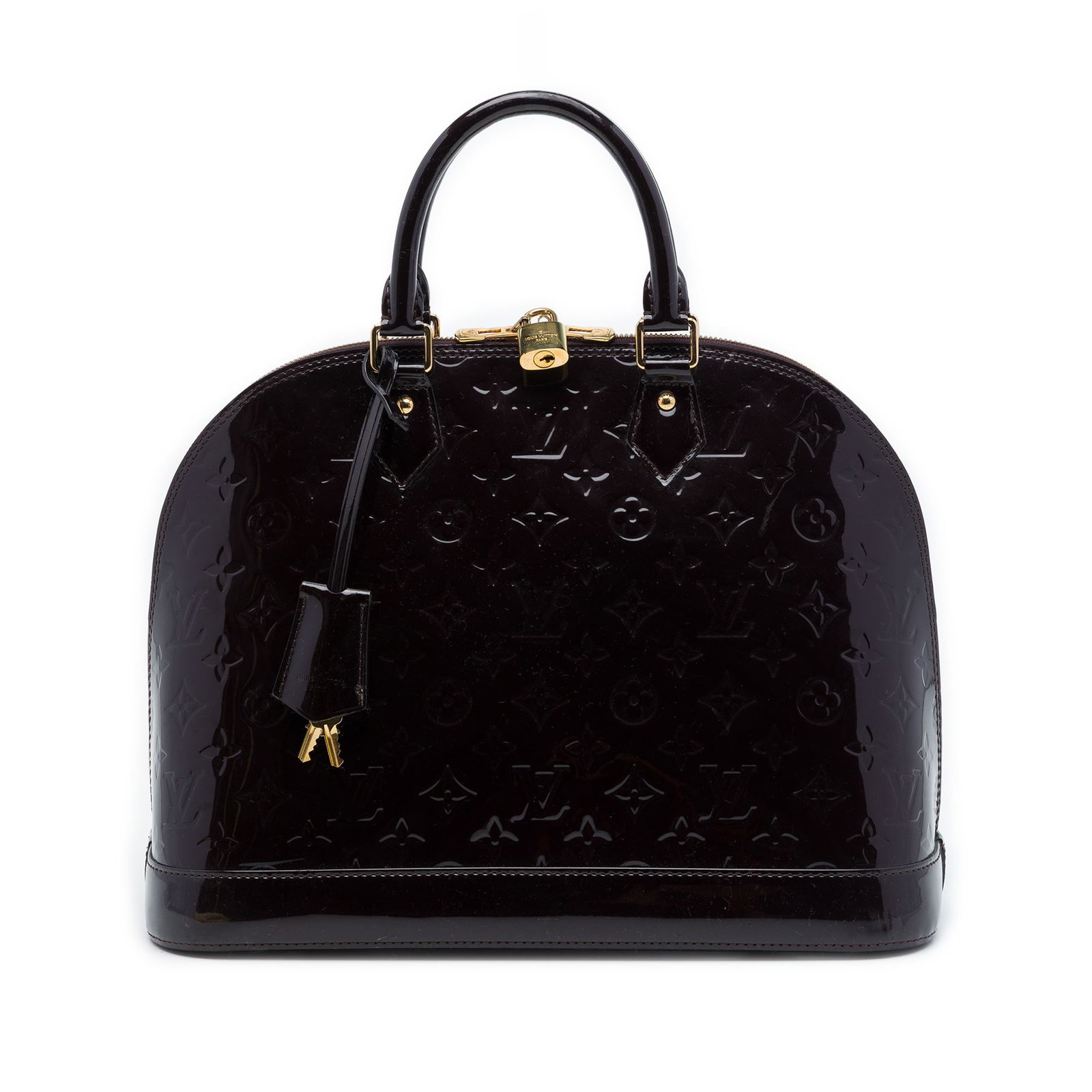 Louis Vuitton Alma PM Monogram Vernis Leather Handbag Purple: Louis Vuitton Alma PM Monogram Vernis Leather Handbag Purple Louis Vuitton Alma PM handbag in purple Monogram Vernis leather with rolled leather handles, a top zip closure, and interior slip pockets. 