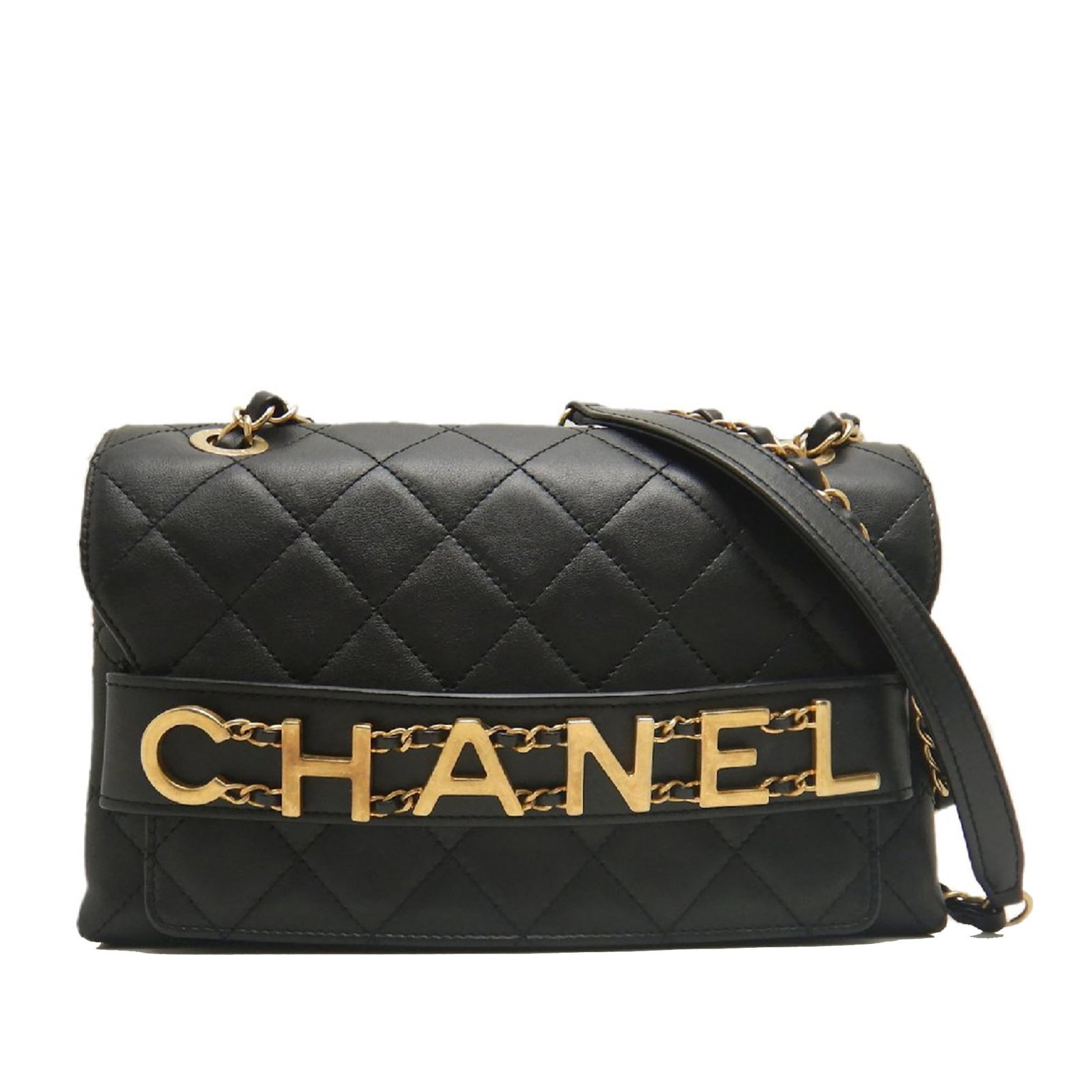 Chanel Logo Enchained Medium Flap Crossbody in Black Lambskin: Chanel Logo Enchained Medium Flap Crossbody in Black Lambskin A Chanel Medium Quilted Lambskin Logo Enchained Flap crossbody bag crafted in black quilted lambskin leather. It features a leather-woven 
