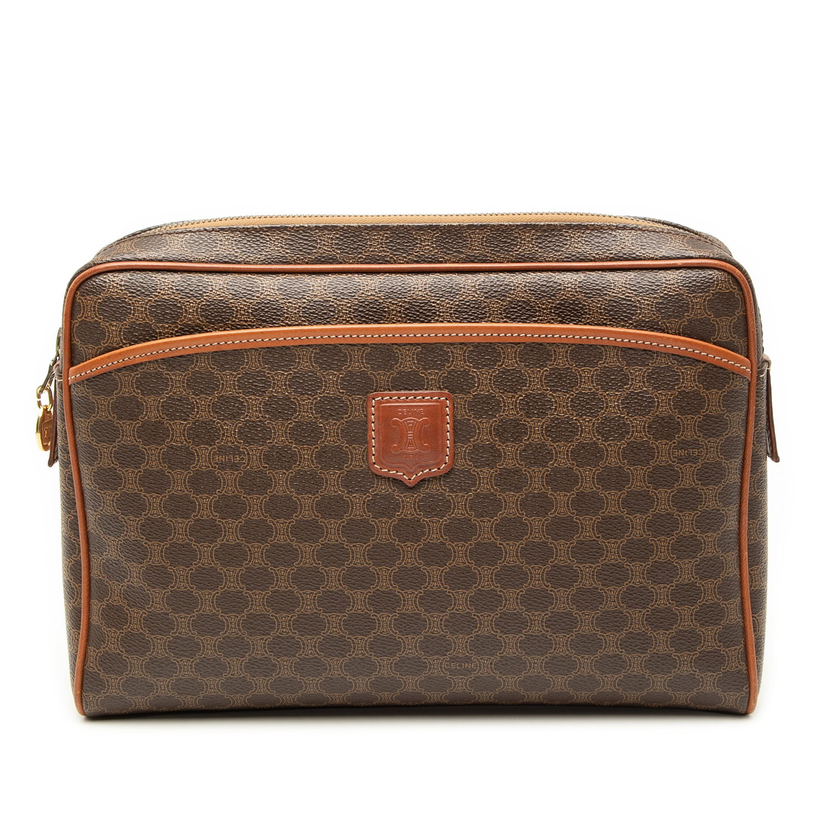 Celine Macadam clutch bag in coated canvas with leather trim: Celine Macadam clutch bag in coated canvas with leather trim Celine Macadam coated canvas clutch with leather trim and a top zip closure. The design includes an exterior slip pocket and an interior zi