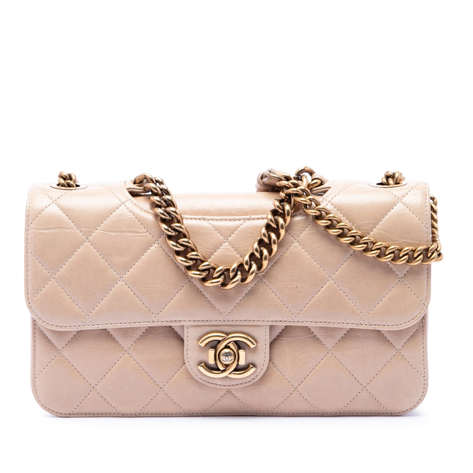 Chanel Perfect Edge Flap Medium Beige Quilted Aged Calfskin Bag: Chanel Perfect Edge Flap Medium Beige Quilted Aged Calfskin Bag A Chanel Medium Quilted Aged Calfskin Perfect Edge Flap bag crafted in beige leather. This satchel-style design features a quilted leath