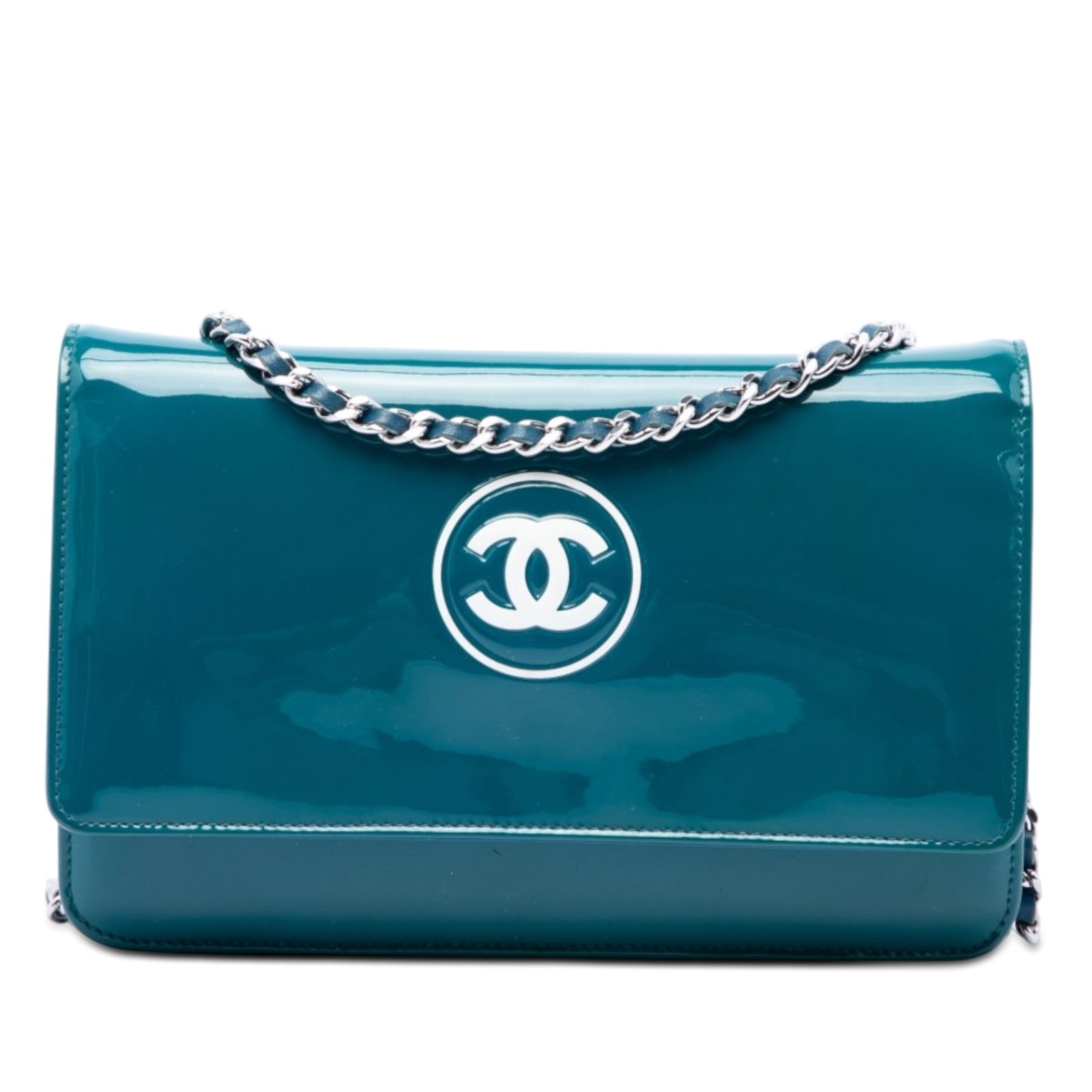 Chanel CC Patent Leather Wallet on Chain Blue: Chanel CC Patent Leather Wallet on Chain Blue A Chanel CC Patent Wallet On Chain in blue patent leather with a leather-woven chain strap and front flap snap closure. The interior includes zip and slip