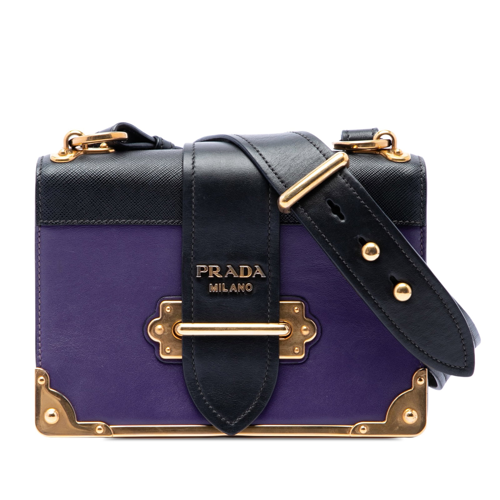 Prada Cahier Crossbody Bag Purple Calfskin with Saffiano Trim: Prada Cahier Crossbody Bag Purple Calfskin with Saffiano Trim Prada Cahier crossbody bag crafted in calfskin with saffiano leather trim. This purple bag features a detachable chain link strap with a l