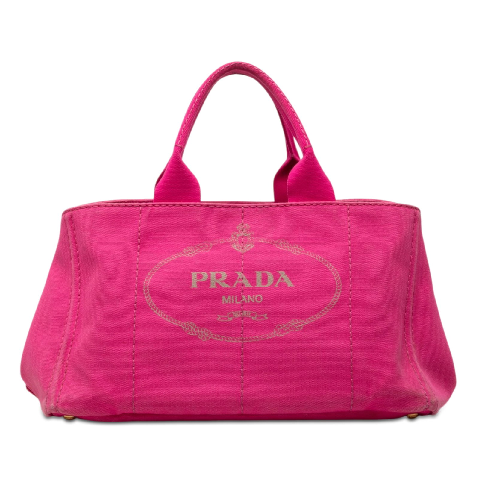 Prada Canapa Logo Canvas Satchel Tote Pink: Prada Canapa Logo Canvas Satchel Tote Pink Prada Canapa logo tote in pink canvas with rolled handles, an open top, and interior zip and slip pockets. Made in Italy. Condition is B+ with visible wear a