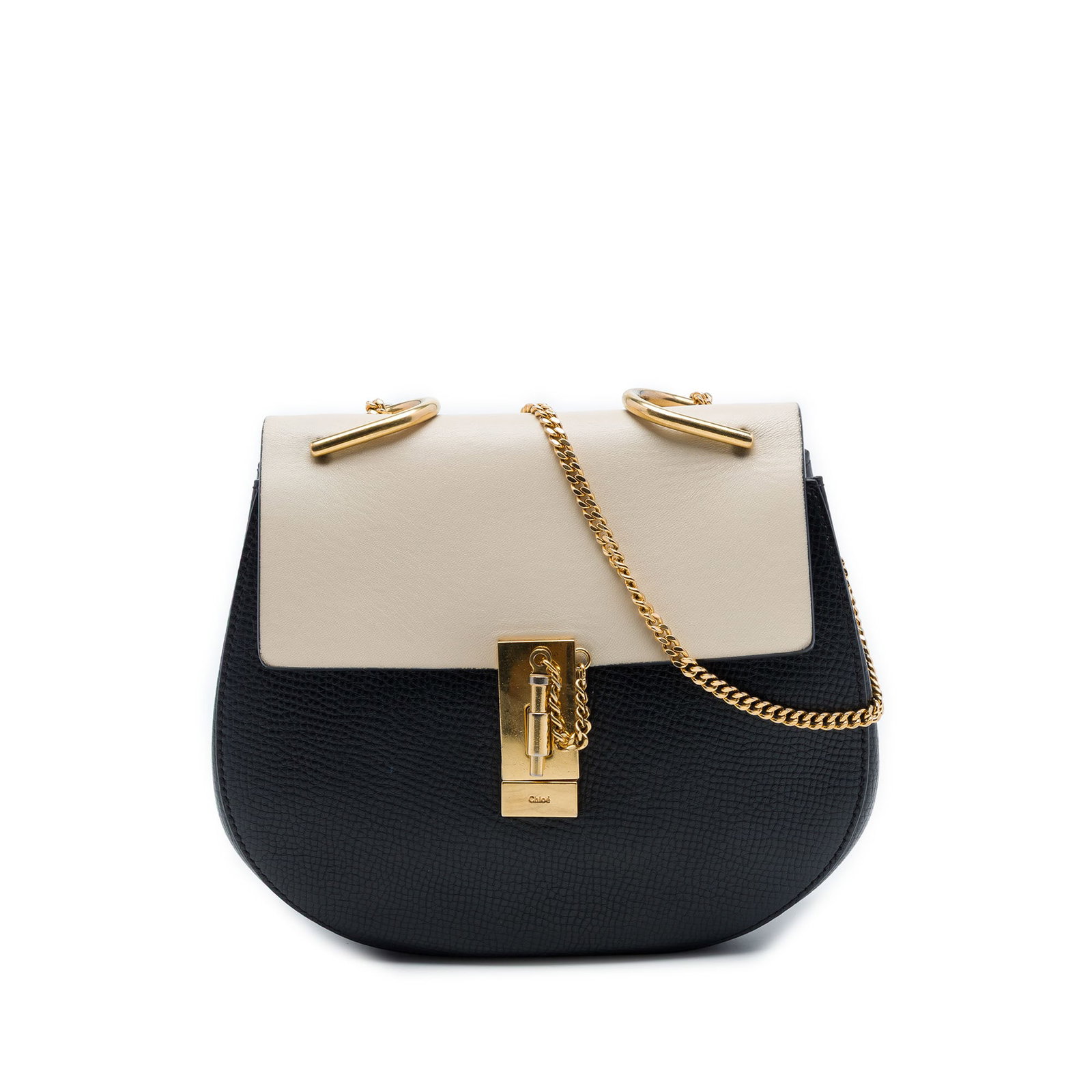 Chloe Drew Small Bicolor Calfskin Crossbody Bag: Chloe Drew Small Bicolor Calfskin Crossbody Bag A Chloe Drew crossbody bag crafted in smooth and grained calfskin leather with a bicolor design. It features a chain link strap, a front flap with pin-l