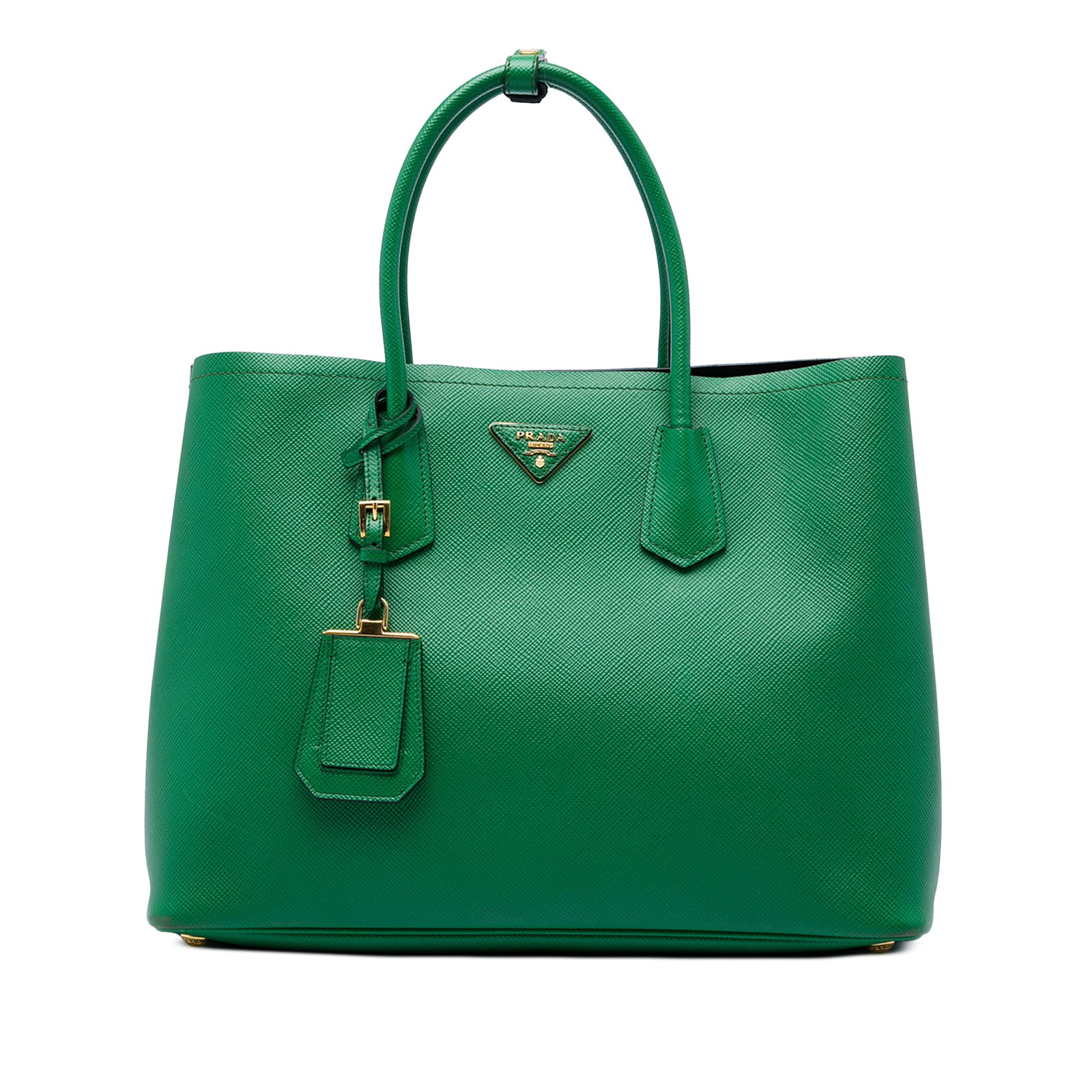 Prada Saffiano Cuir Double Satchel Large Green Leather Bag: Prada Saffiano Cuir Double Satchel Large Green Leather Bag Prada Large Saffiano Cuir Double Satchel in green leather with rolled leather handles, an open top, and an interior center flap compartment. 