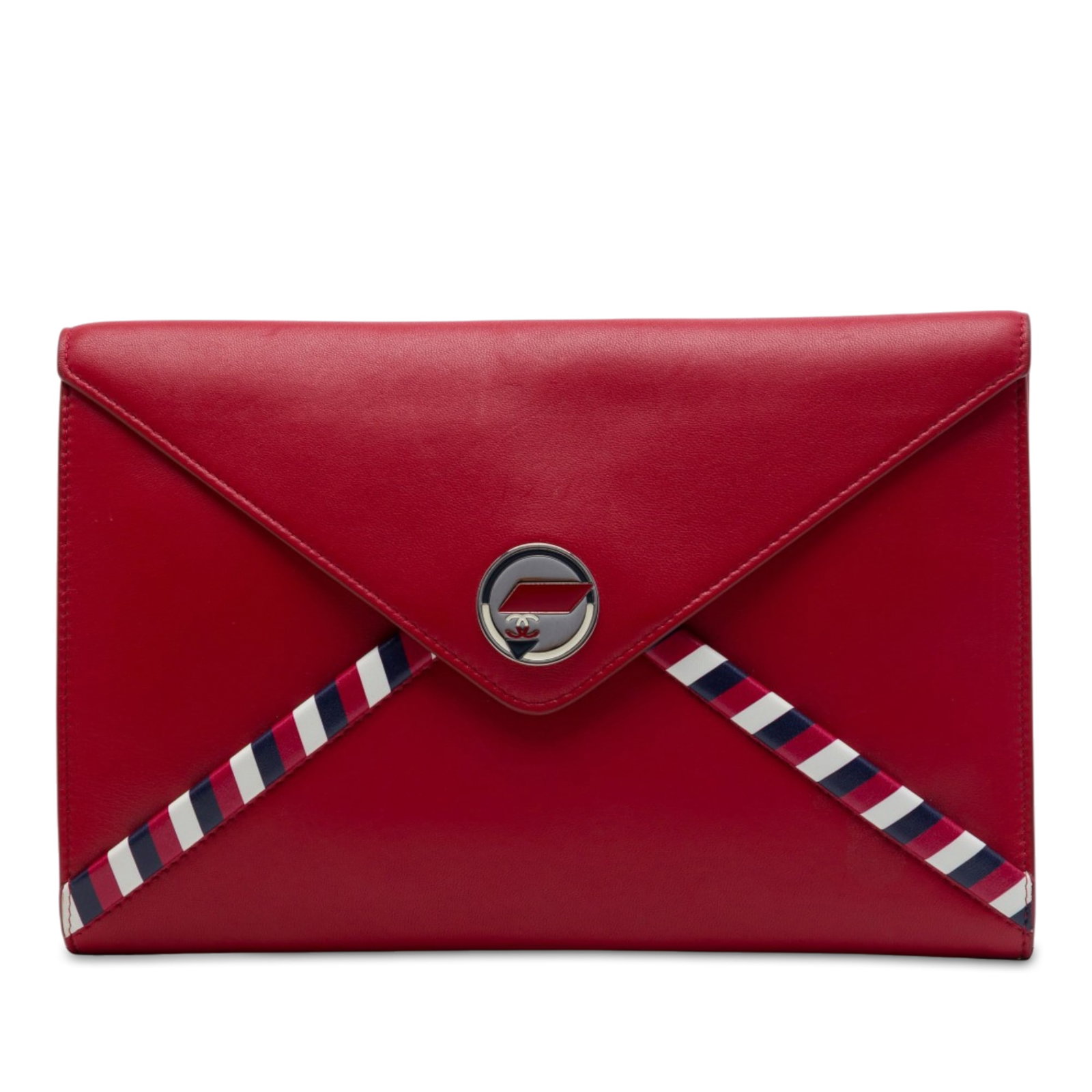 Chanel Airlines Envelope Clutch Red Lambskin CC Bag: Chanel Airlines Envelope Clutch Red Lambskin CC Bag A Chanel CC Airlines envelope clutch in red lambskin leather with a flap and snap button closure. The design includes an exterior back slip pocket a
