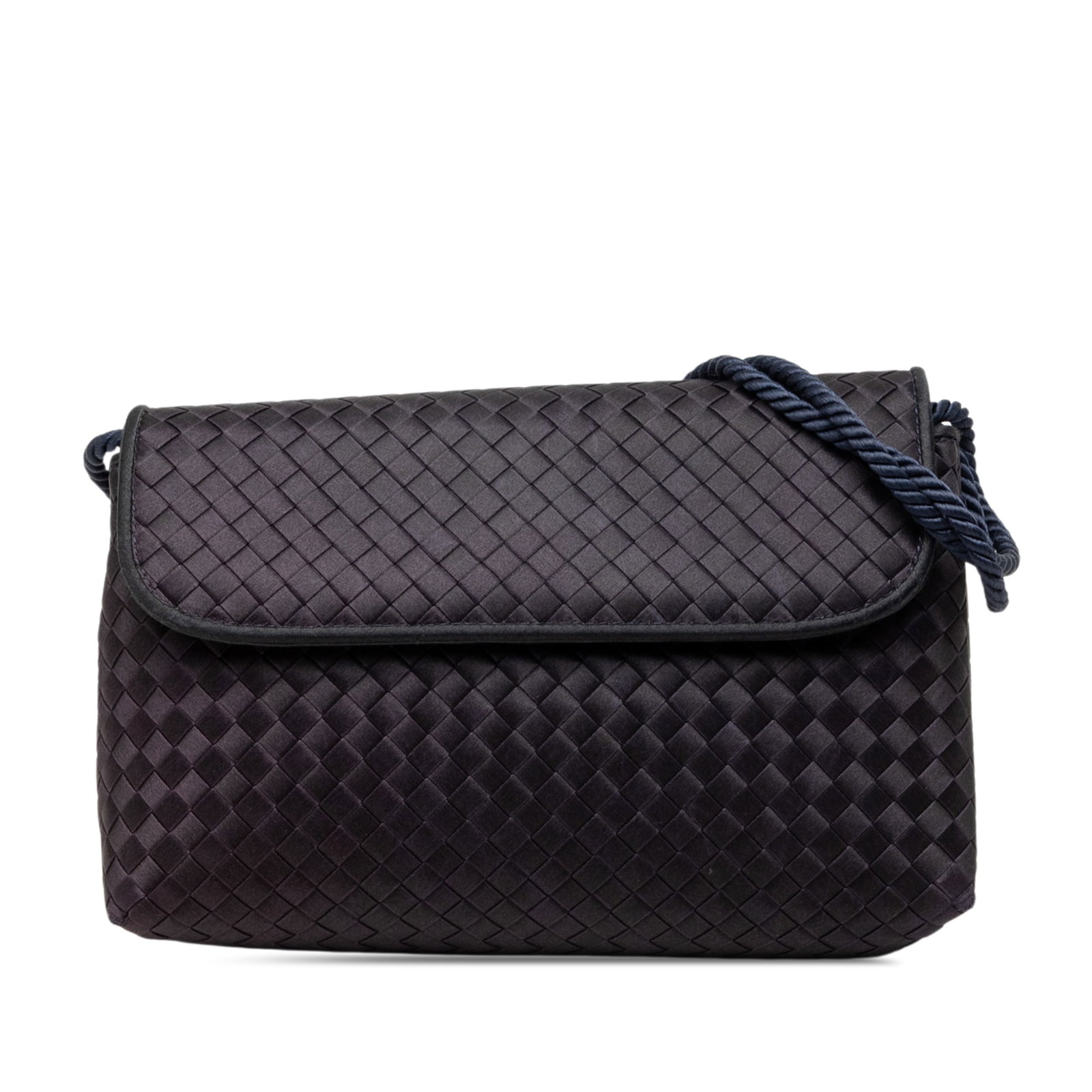 Bottega Veneta Intrecciato Purple Satin Crossbody Bag: Bottega Veneta Intrecciato Purple Satin Crossbody Bag Bottega Veneta Satin Intrecciato Shoulder Bag in purple woven satin with a front flap and magnetic snap closure. The interior includes a zip pocke