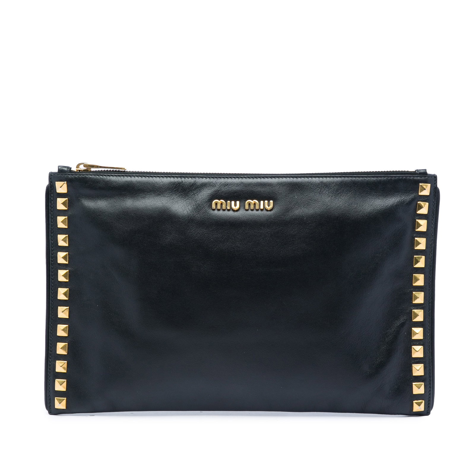 Miu Miu black leather studded zip clutch bag: Miu Miu black leather studded zip clutch bag Black leather zip clutch with gold-tone stud detailing and an interior zip pocket. The bag shows visible wear and use, including staining to the exterior a