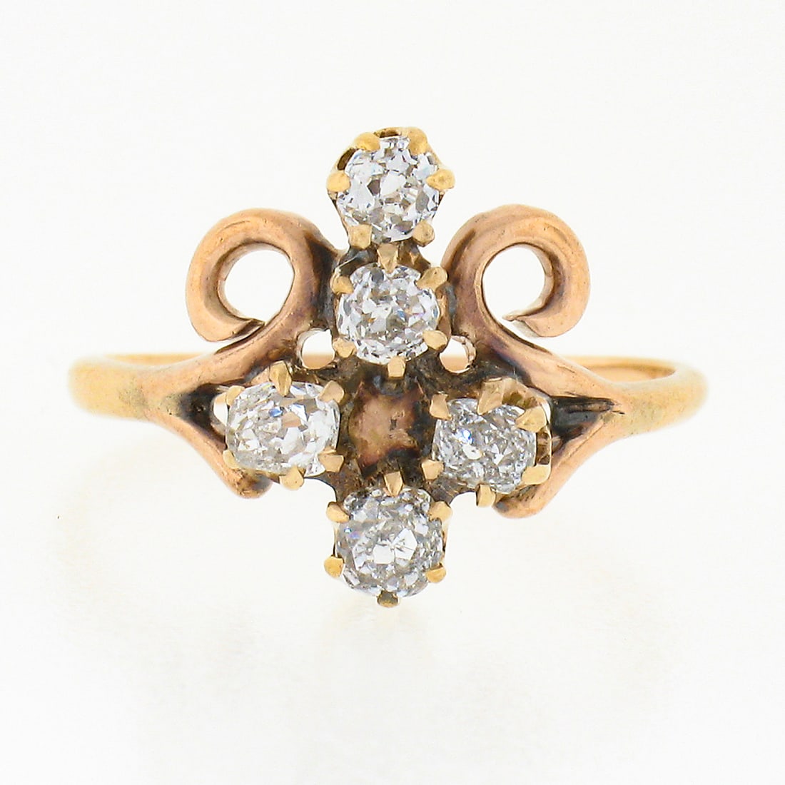Victorian 14K Yellow Gold Cross Ring with 5 Old Mine Cut Diamonds (1 of 3)