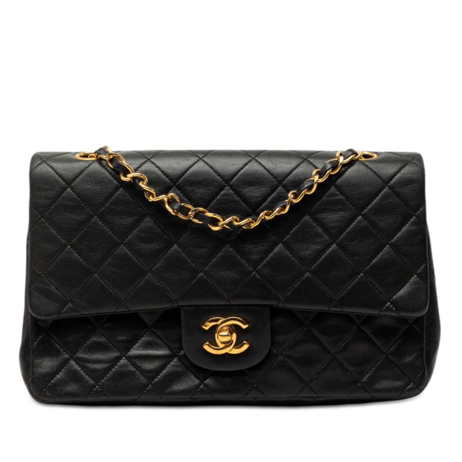 Chanel Medium Classic Double Flap Shoulder Bag Black Lambskin: Chanel Medium Classic Double Flap Shoulder Bag Black Lambskin Classic Chanel Medium Classic Double Flap shoulder bag crafted in quilted black lambskin leather. This design features a back slip pocket,