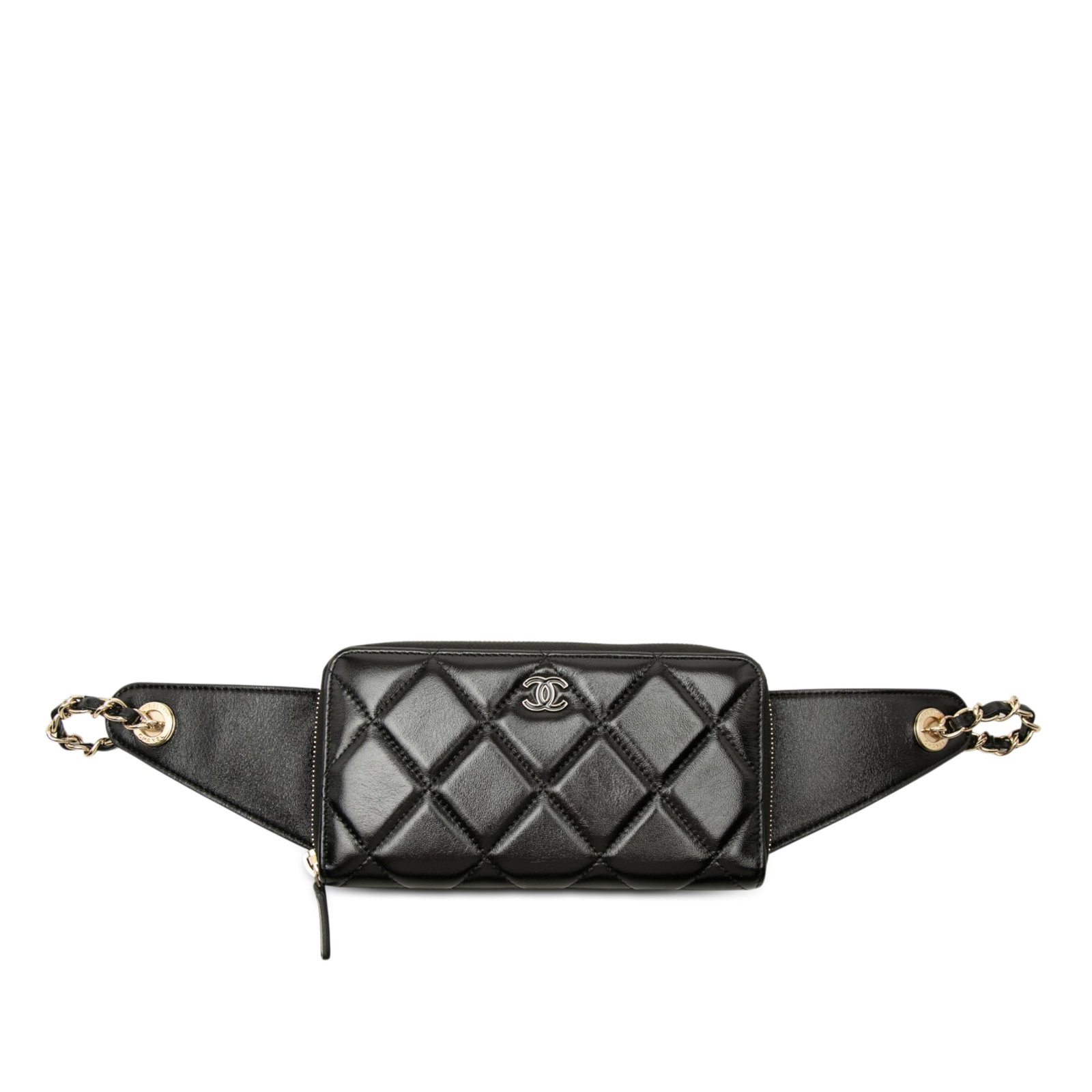 Chanel CC Waist Chain Wallet in Black Quilted Lambskin: Chanel CC Waist Chain Wallet in Black Quilted Lambskin Chanel CC Quilted Lambskin Waist Chain Wallet in black quilted lambskin leather with an adjustable leather and gold-tone chain strap and top zip 