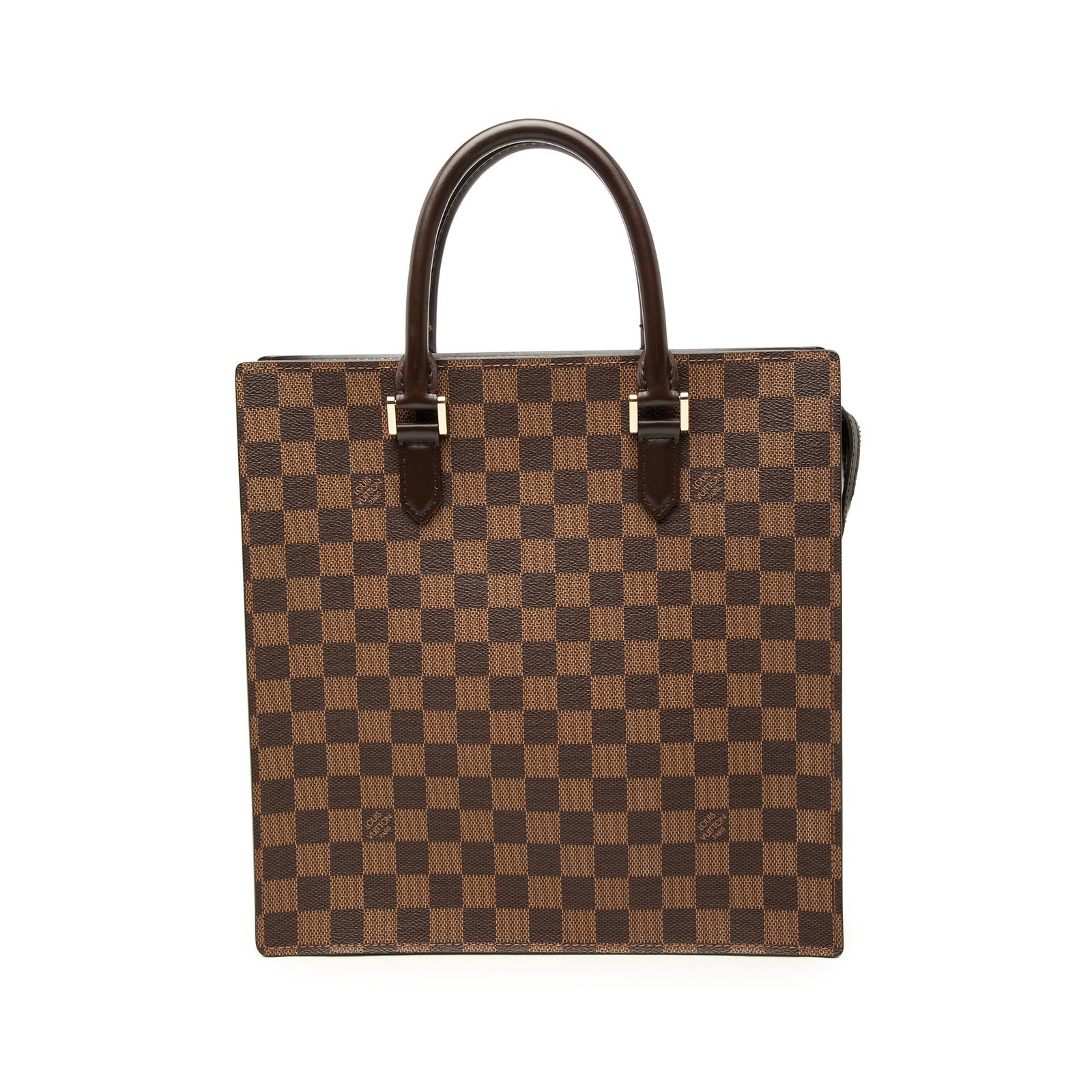 Louis Vuitton Venice Sac Plat Damier Ebene Handbag: Louis Vuitton Venice Sac Plat Damier Ebene Handbag Louis Vuitton Venice Sac Plat in Damier Ebene canvas with leather trim and rolled leather handles. This structured brown bag features a top zip closu