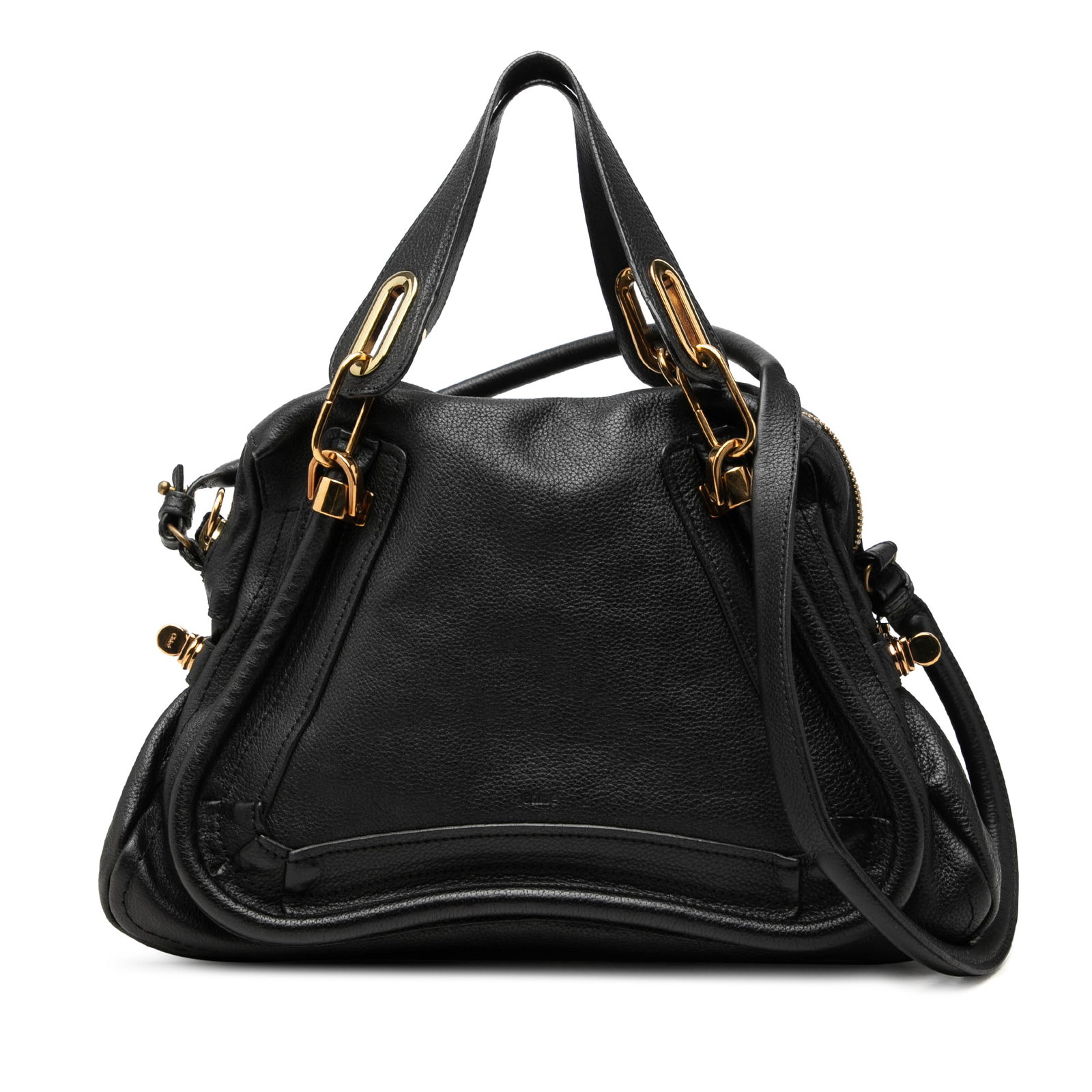 Chloe Paraty Medium Black Leather Satchel with Shoulder Strap: Chloe Paraty Medium Black Leather Satchel with Shoulder Strap Chloe Medium Pebbled Leather Paraty Satchel in black leather with flat handles, a detachable rolled leather strap, top zip closure, and an