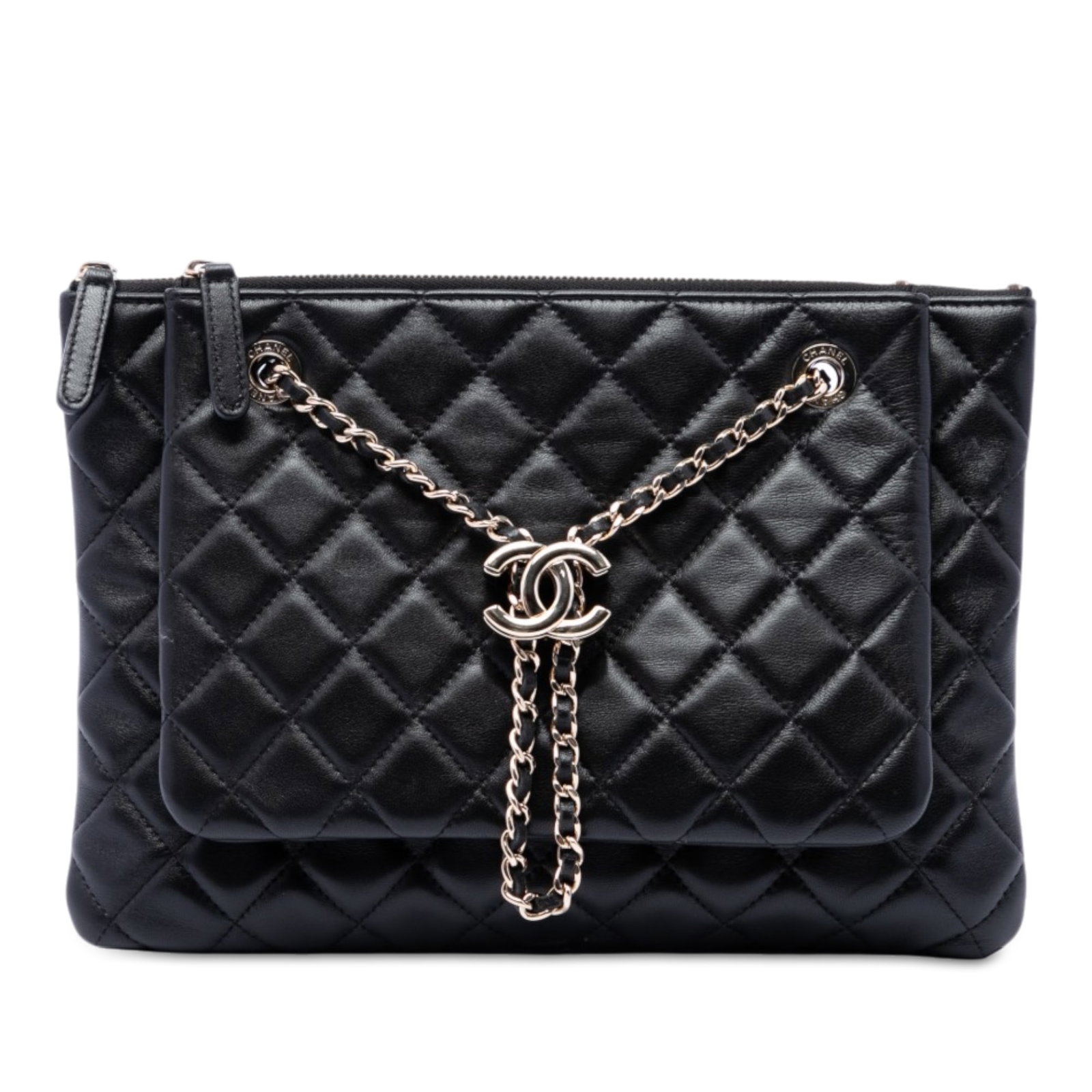 Chanel CC Double Zip Crossbody in Black Quilted Lambskin: Chanel CC Double Zip Crossbody in Black Quilted Lambskin A Chanel CC Quilted Lambskin Double Zip Crossbody crafted in black quilted lambskin leather. The bag features a leather-woven chain strap, two 