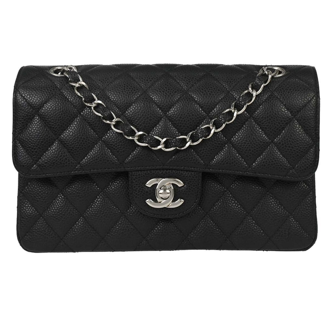 CHANEL Classic Double Flap Small Shoulder Bag Black Caviar Leather: CHANEL Classic Double Flap Small Shoulder Bag Black Caviar Leather Chanel Small Classic Double Flap shoulder bag in black caviar skin leather with a matelasse pattern and flap turnlock closure. This w