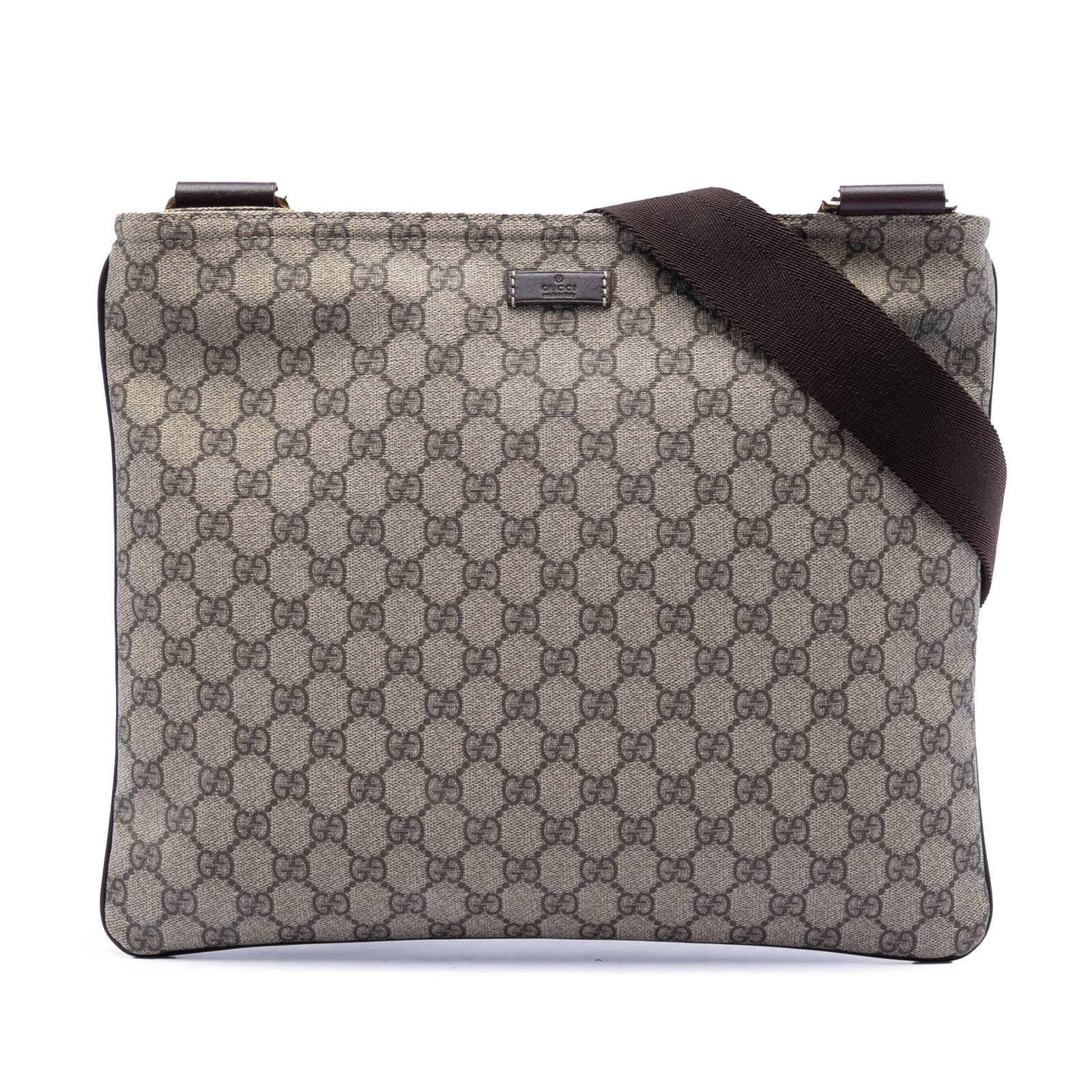 GG Supreme Beige Canvas Crossbody Bag with Leather Trim by Gucci: GG Supreme Beige Canvas Crossbody Bag with Leather Trim by Gucci This Gucci GG Supreme Crossbody bag features a coated canvas body with leather trim, an adjustable flat shoulder strap, a top zip closu