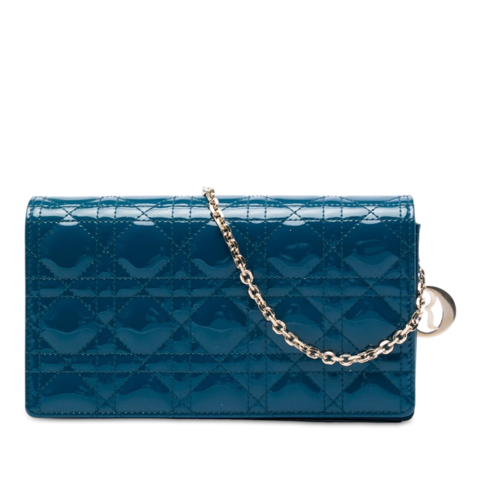 Dior Lady Dior Cannage Patent Leather Wallet on Chain Blue: Dior Lady Dior Cannage Patent Leather Wallet on Chain Blue This Dior wallet on chain is crafted in blue quilted patent leather with the Cannage design. It features a detachable silver-tone chain link 