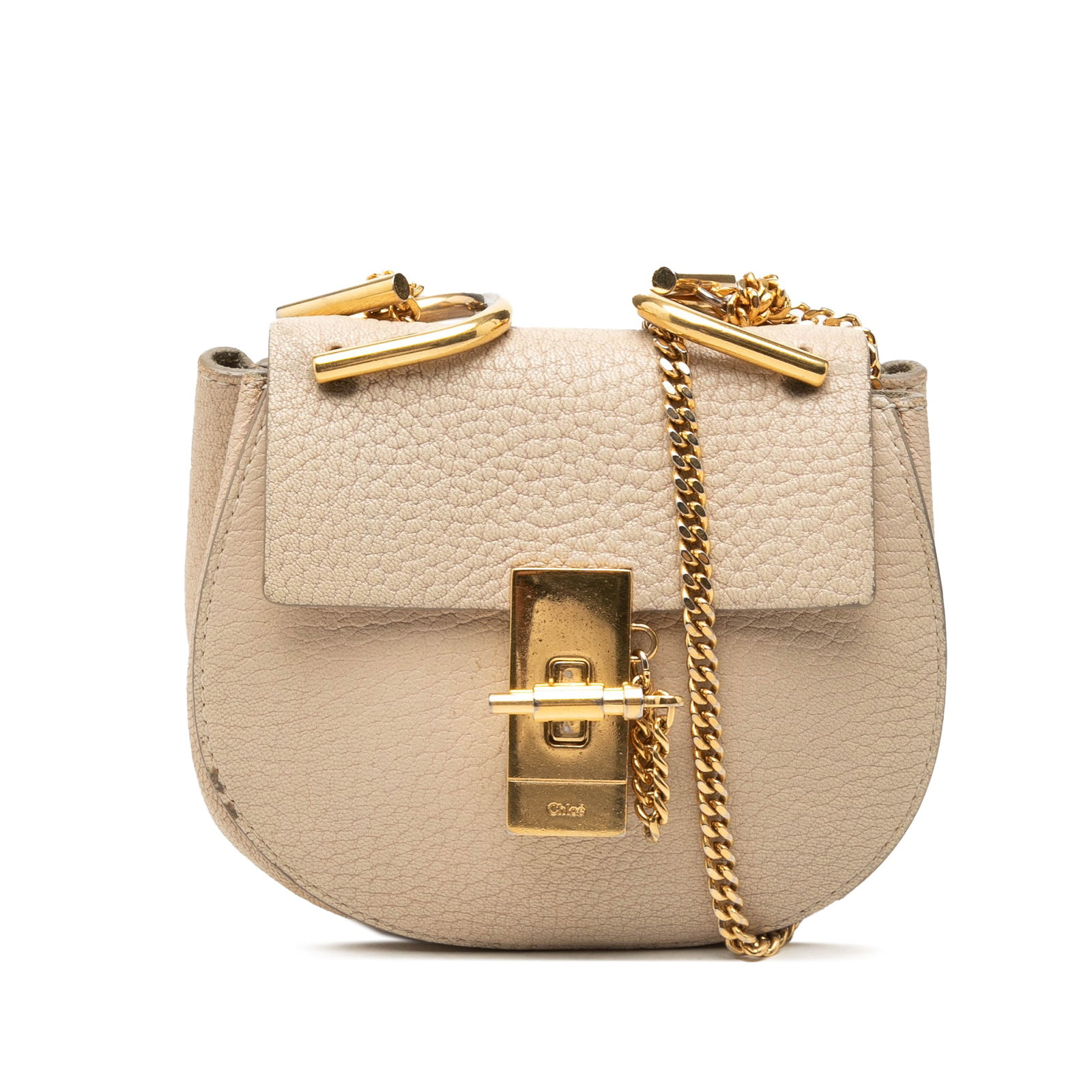 Chloe Drew Nano Grained Calfskin Leather Crossbody Bag Brown: Chloe Drew Nano Grained Calfskin Leather Crossbody Bag Brown A Chloe Nano Drew crossbody crafted in grained calfskin leather with a structured silhouette and signature front flap design. It features a