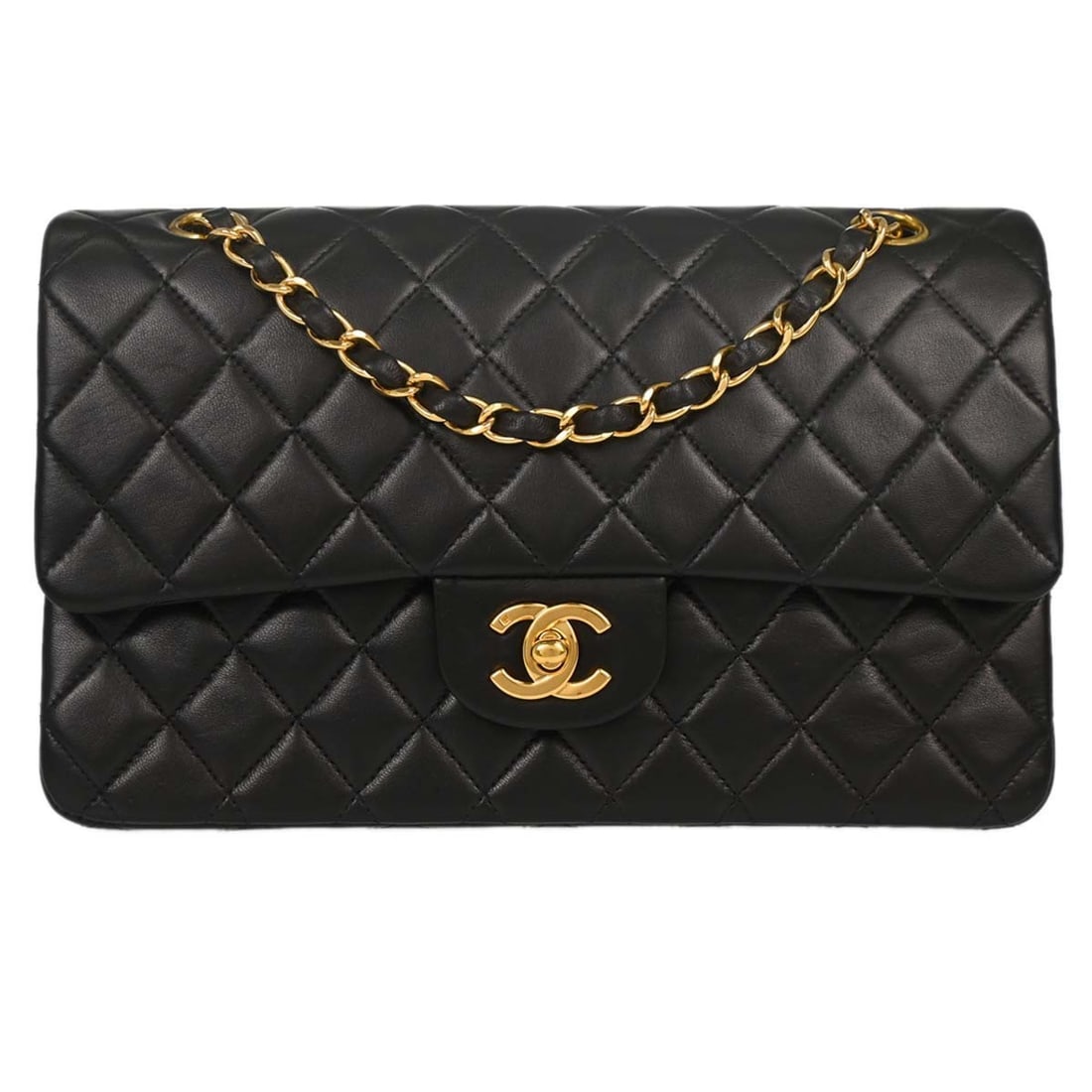CHANEL Classic Double Flap Medium Shoulder Bag Black Lambskin: CHANEL Classic Double Flap Medium Shoulder Bag Black Lambskin Chanel Medium Classic Double Flap shoulder bag in black lambskin leather with a turn-lock closure and shoulder strap. This women's bag fea