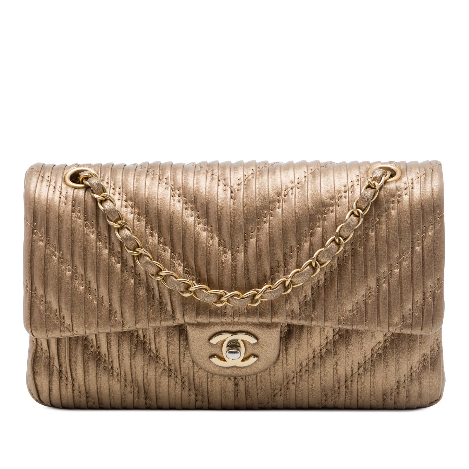 Chanel Medium Classic Double Flap Chevron Pleated Calfskin Shoulder Bag: Chanel Medium Classic Double Flap Chevron Pleated Calfskin Shoulder Bag Chanel Medium Classic Chevron Calfskin Pleated Double Flap shoulder bag in brown leather. This bag features leather-woven chain 