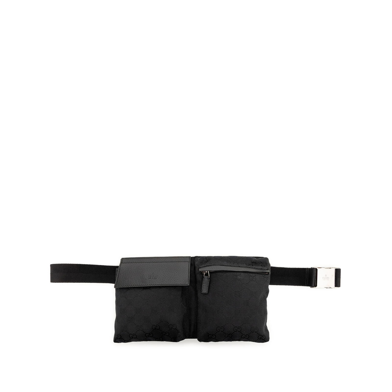 Gucci GG Canvas Double Pocket Waist Bag Black Fabric: Gucci GG Canvas Double Pocket Waist Bag Black Fabric Gucci GG Canvas Double Pocket Belt Bag in black with a canvas body and adjustable waist strap. The design includes exterior front flap and zip comp
