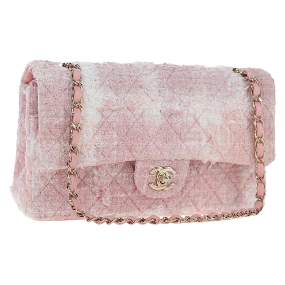 CHANEL Matelasse 25 Double Flap Shoulder Bag Pink Gold Canvas: CHANEL Matelasse 25 Double Flap Shoulder Bag Pink Gold Canvas Chanel Double Flap Chain Matelasse 25 shoulder bag in pink and gold canvas. Made in France, this women's bag includes a dust bag and featu