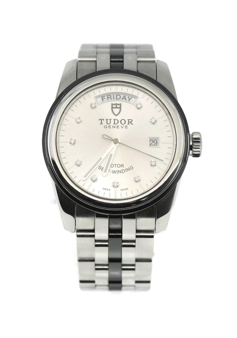 TUDOR Glamour 56010N Day Date Wristwatch with Box Papers: TUDOR Glamour 56010N Day Date Wristwatch with Box Papers Pre-owned Tudor Glamour Day-Date wristwatch with automatic movement, a silver analog dial, diamond bezel, and stainless steel case and bracelet