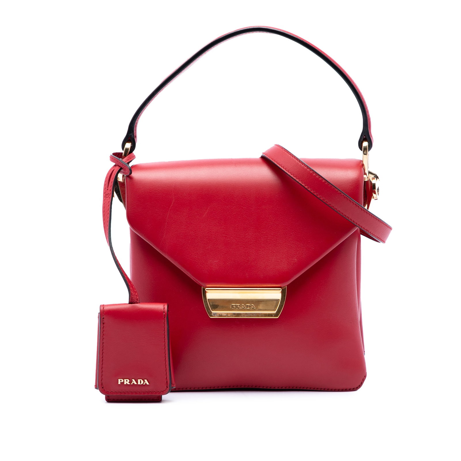 Prada Ingrid red leather top handle flap handbag: Prada Ingrid red leather top handle flap handbag Prada Ingrid top handle flap bag in red calfskin leather. This structured bag features a flat top handle, a push-lock flap closure, a detachable and ad