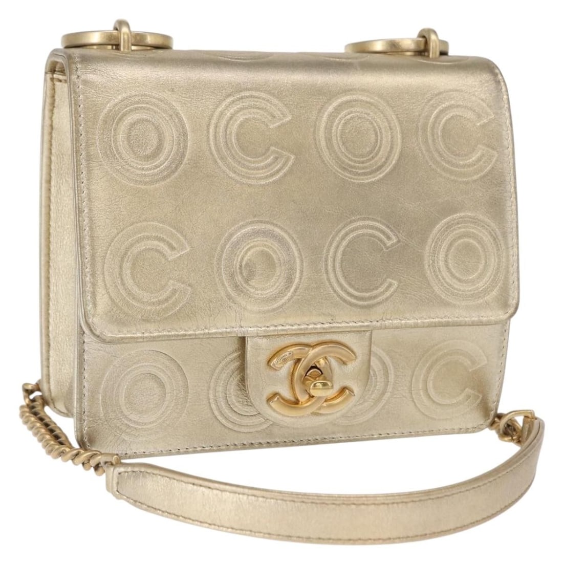CHANEL Gold Lambskin Shoulder Bag with Chain Strap Dust Bag: CHANEL Gold Lambskin Shoulder Bag with Chain Strap Dust Bag Chanel chain shoulder bag in gold lamb skin leather. It comes with a dust bag and was made in Italy. The bag measures approximately W17 cm x