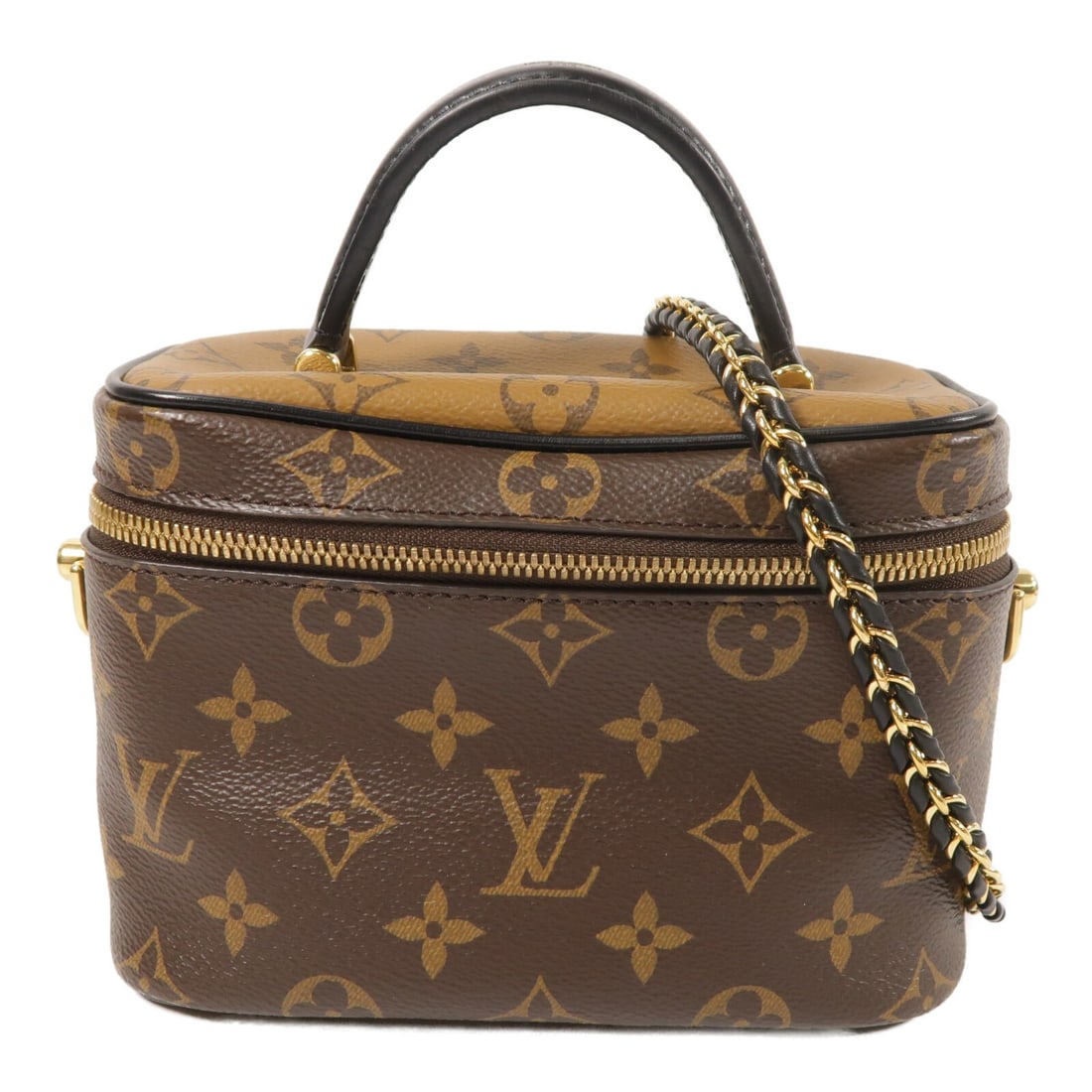 Louis Vuitton M45165 Vanity PM Monogram Reverse 2 Way Bag: Louis Vuitton M45165 Vanity PM Monogram Reverse 2 Way Bag Vanity PM 2-way shoulder bag in Monogram Reverse PVC coated canvas with a brown exterior. This women's bag includes a top handle and a detacha