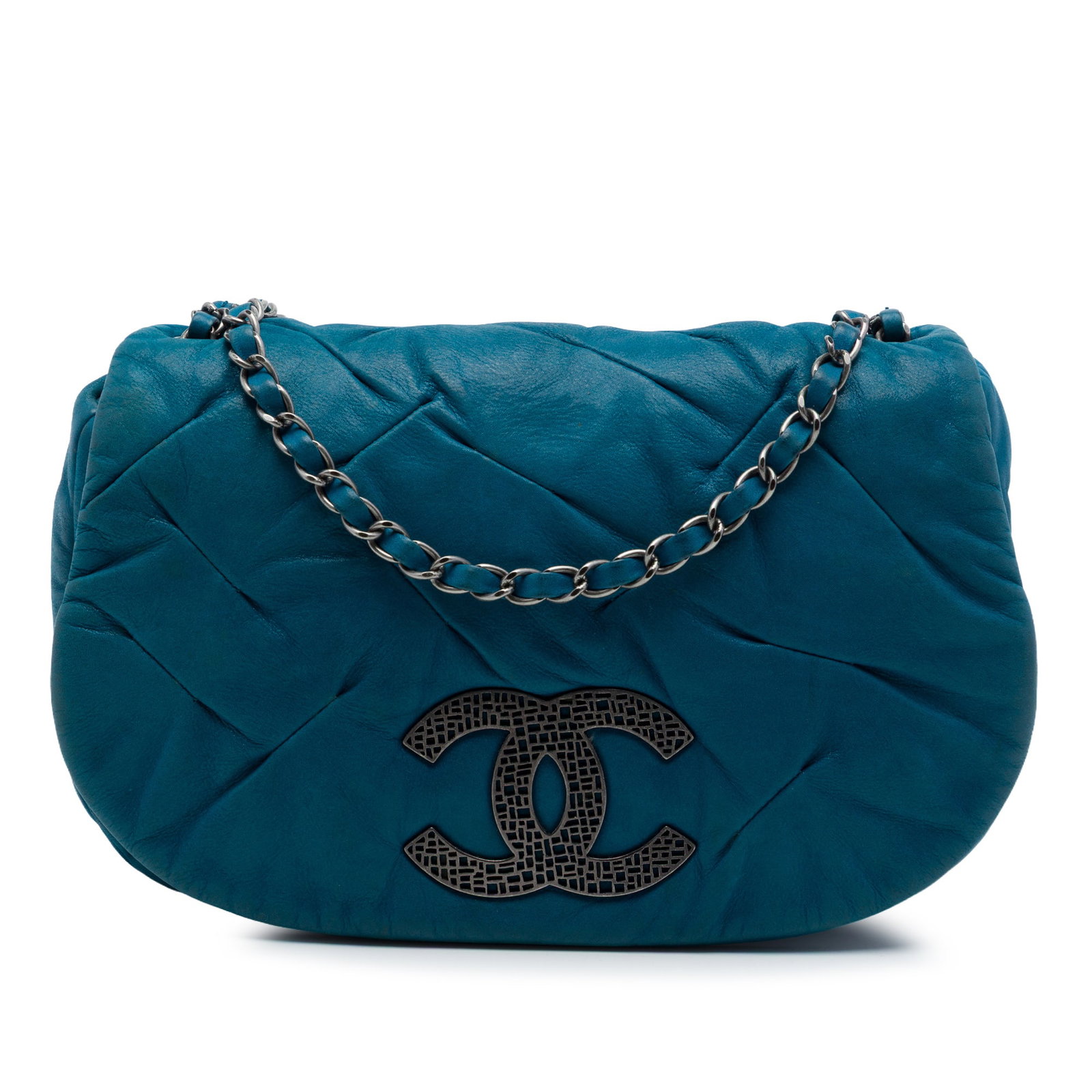 Chanel East Glint Flap Blue Iridescent Calfskin Crossbody Bag: Chanel East Glint Flap Blue Iridescent Calfskin Crossbody Bag Chanel East Glint Flap crossbody bag crafted in blue iridescent calf leather. This bag features a leather-woven chain strap, a front flap 