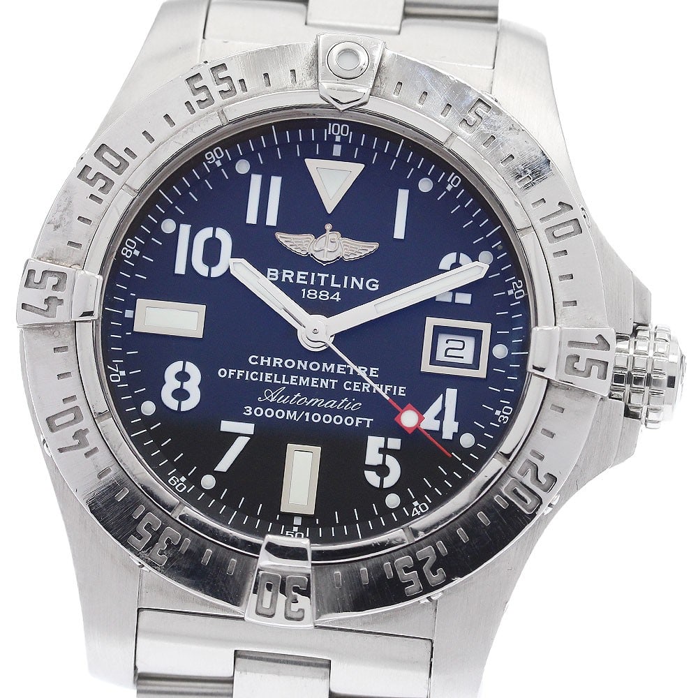 Breitling Avenger Seawolf A17330 mens automatic date watch: Breitling Avenger Seawolf A17330 mens automatic date watch Breitling Avenger Seawolf wristwatch with automatic movement and date function. This men's watch features a black dial with a stainless steel